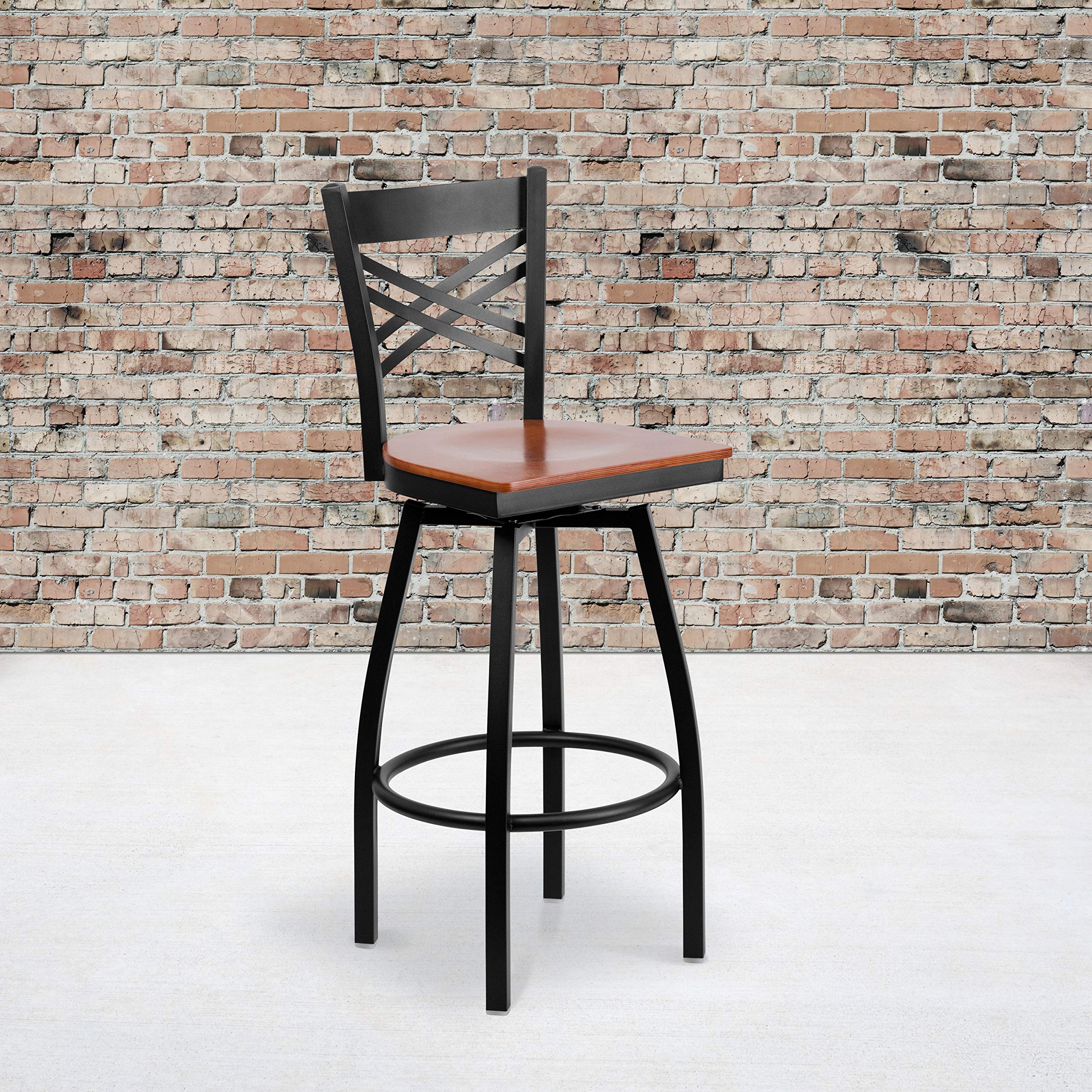 2 Pack Black X-Back Swivel Metal Barstools with Cherry Wood Seat - Modern Kitchen Island & Bar Counter Stools for Home & Restaurant Use