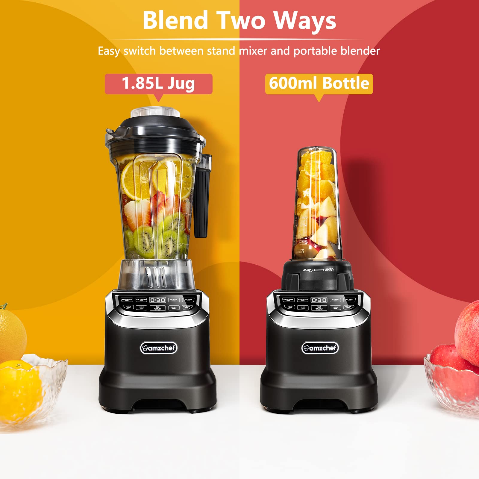 AMZCHEF 1800W Professional Blender for Smoothies, Frozen Drinks, Ice Cream & Soup - 63oz Glass Jar, 20oz Travel Bottle, 4 Functions & 3 Speeds - Powerful Kitchen Blender for Healthy Shakes, Baby Food & Meal Prep (Black)