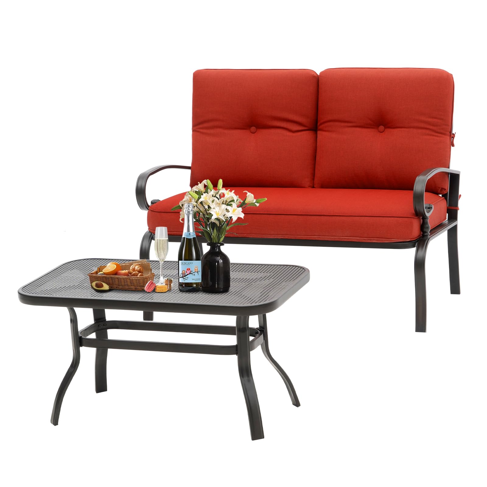 **Oakcloud Outdoor 2-Piece Patio Loveseat Bench Set with Thick Cushions & Coffee Table - Wrought Iron Look, Metal Frame Furniture (Red) - Perfect for Garden, Backyard, and Poolside Relaxation**