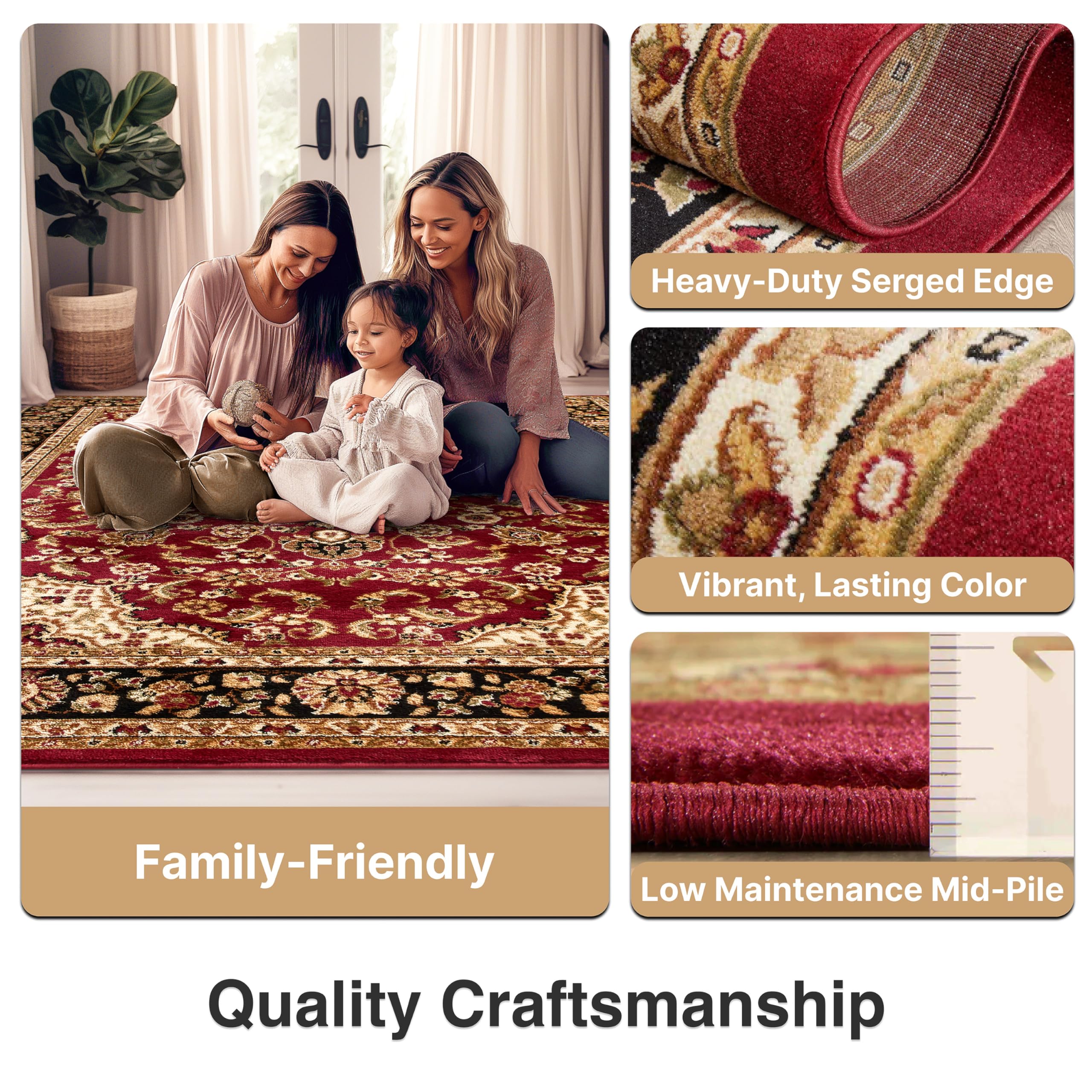 Well Woven Barclay Collection Medallion Kashan Red 5 ft Round Area Rug - Non-Slip Soft Floor Carpet for Living Room, Bedroom, Dining Room & Home Decor