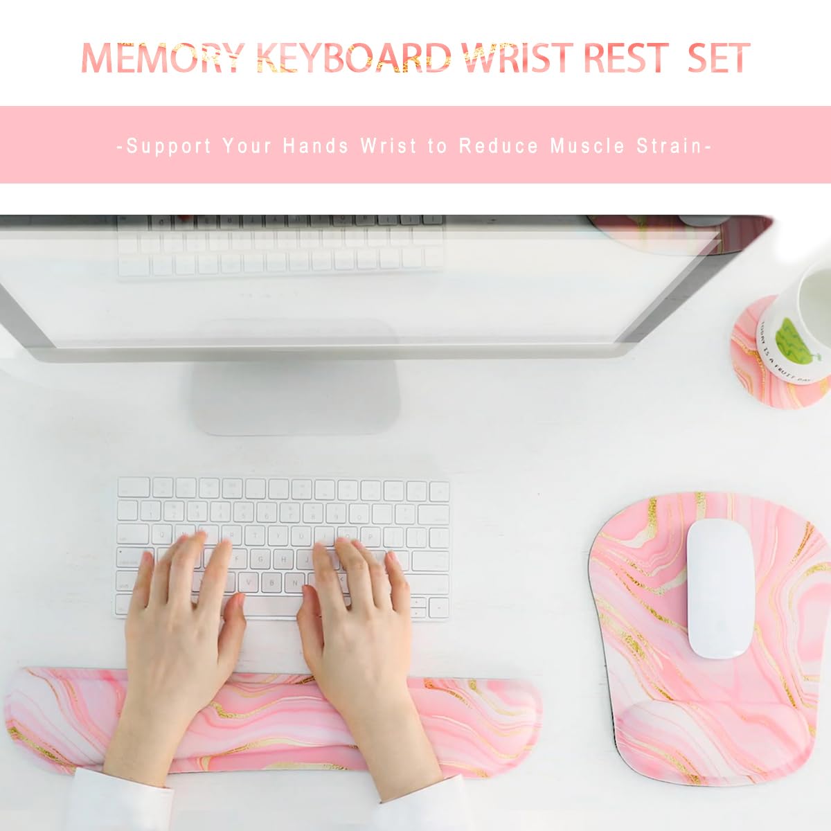 Ergonomic Keyboard & Mouse Wrist Rest Set - Memory Foam Support for Office & Gaming - Pink Fluid Design