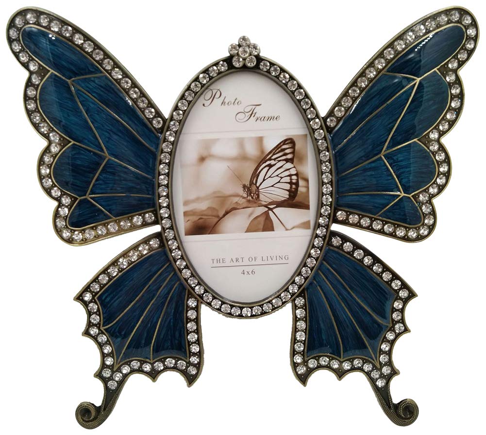 Vintage Metal Photo Frame with Rhinestone & Butterfly Design - Elegant Ellipse Tabletop Picture Frame for Home Decor, Desktop Display, Wedding & Gift Scenes