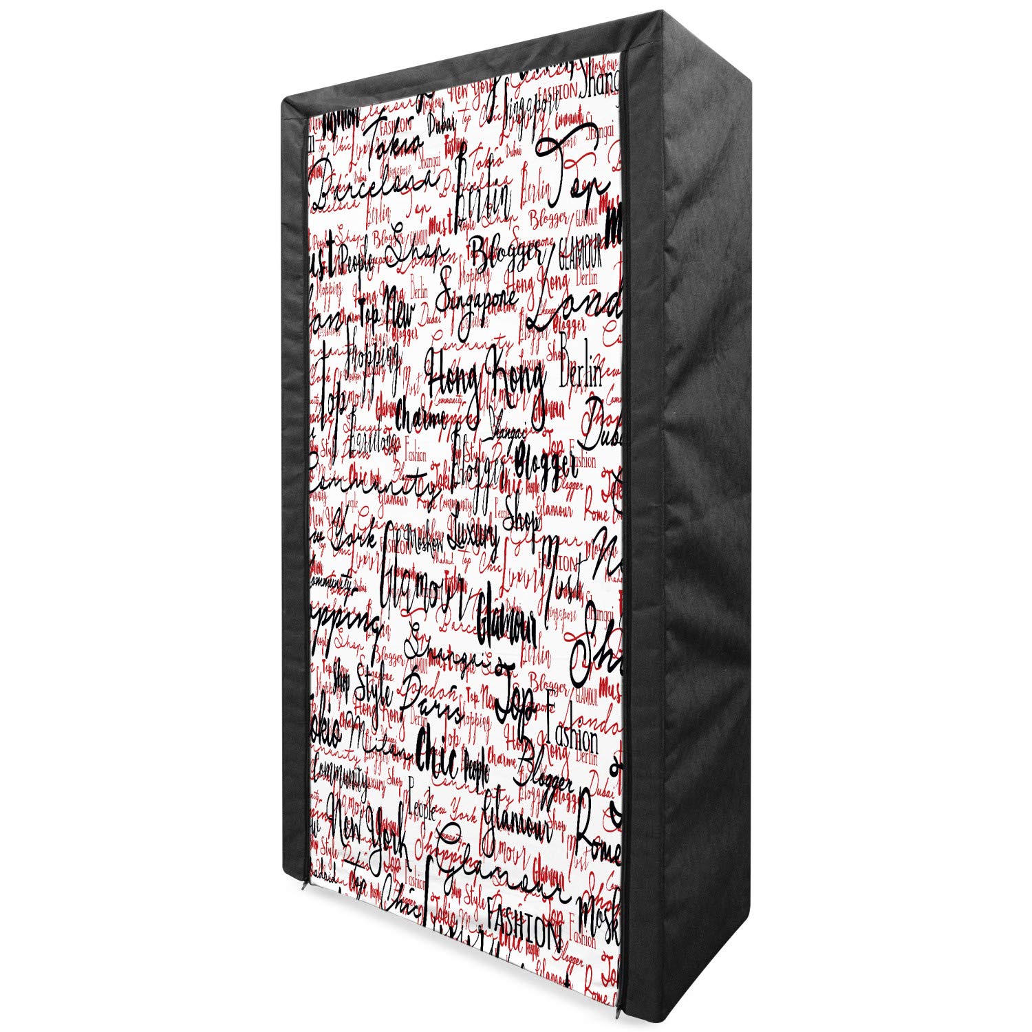 Ambesonne Modern Portable Fabric Wardrobe - Ink Handwritten Country Capitals Fashion Art Print, 33.5 Inch Clothing Organizer with Shelves for Bedroom Storage | Red Black White Design | Perfect for Small Spaces, Dorm Rooms & Apartment Closets