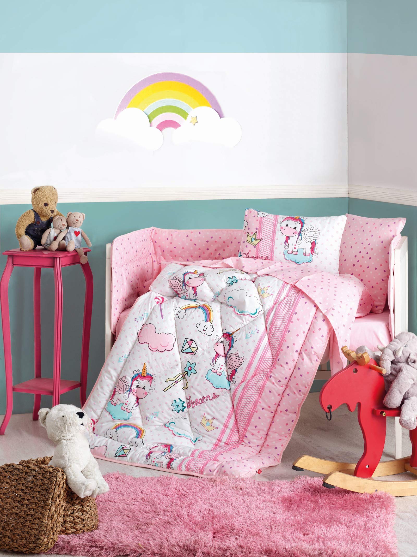 OZINCI 100% Cotton Unicorn Baby Bedding Set - 6 Piece Nursery Crib Set for Girls with Comforter, Quilt, Crib Sheet & Pillowcases in Pink | Soft & Safe for Newborns | Perfect for Nursery Decor, Baby Showers & Birthday Gifts