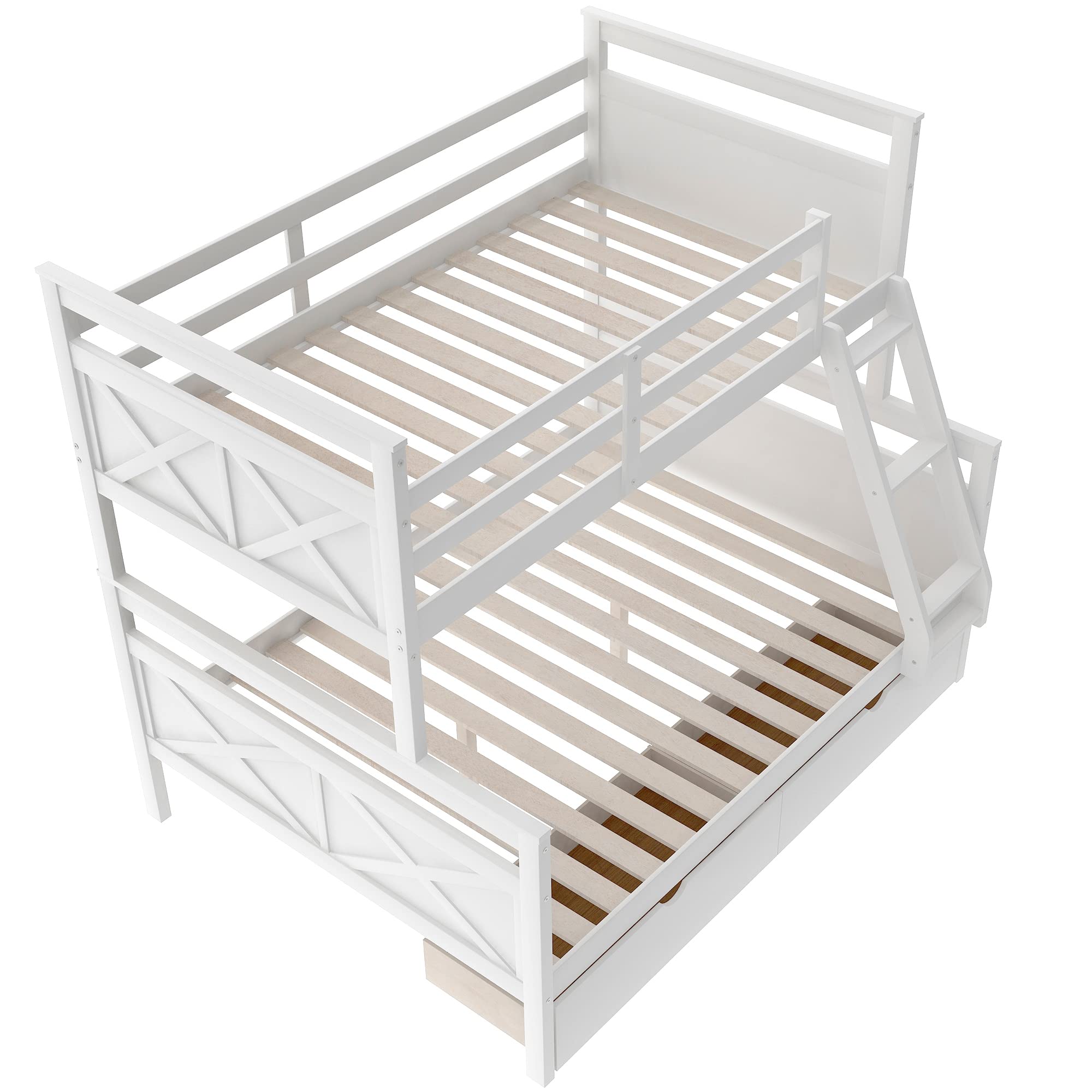 Convertible Wood Bunk Bed Twin Over Full Size with Storage Drawers - 2-in-1 Bed Frame with Ladder & Safety Guardrails - No Box Spring Needed - Perfect for Kids Rooms, Guest Rooms & Small Spaces (White)