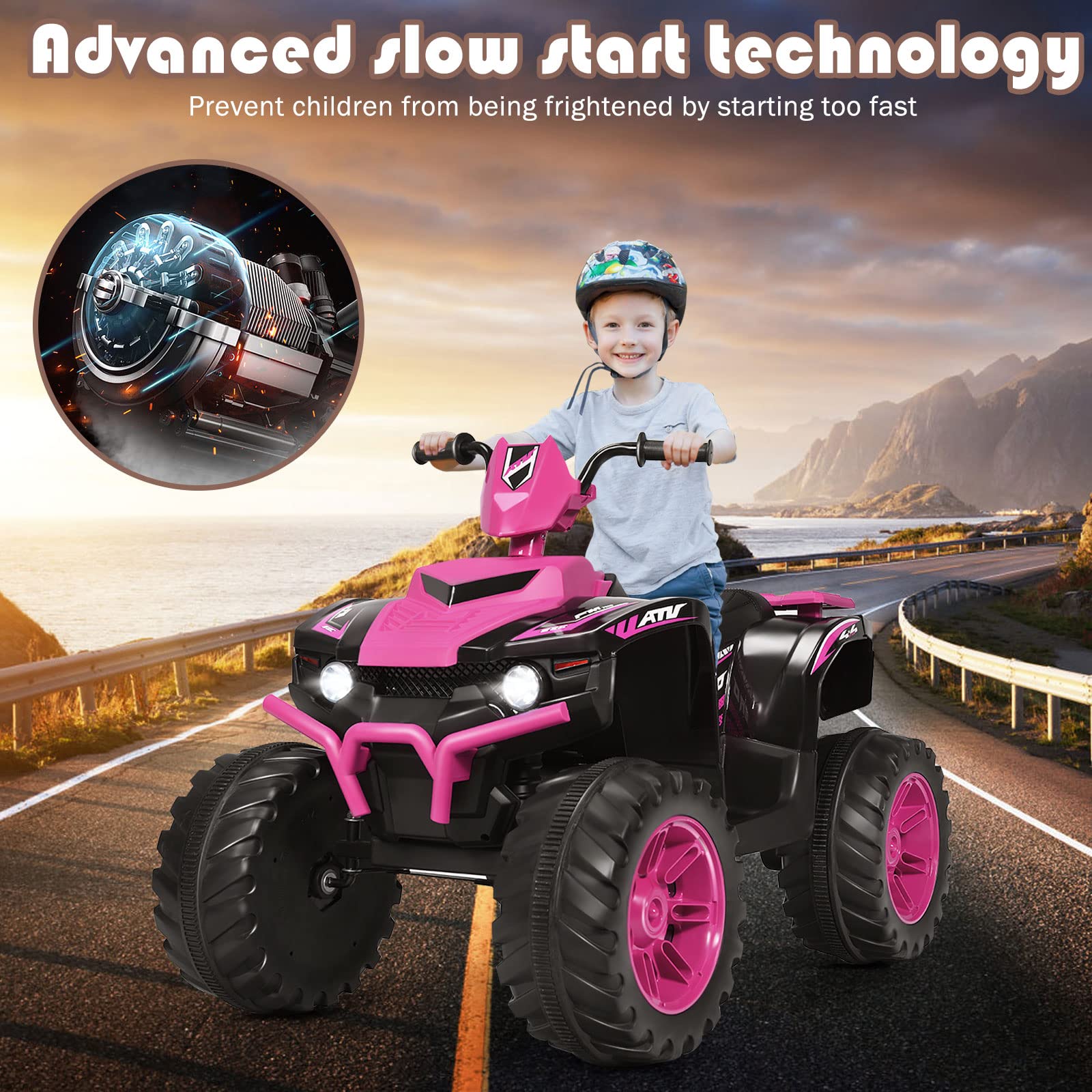OLAKIDS 12V Kids Electric ATV Quad Bike - 4 Wheeler Ride On Toy Car for Boys & Girls Ages 3-8 | Battery Powered Motorized Vehicle with LED Lights, Music, Horn & Dual Speed Control | Outdoor Play, Birthday Gift, Backyard Fun (Pink)