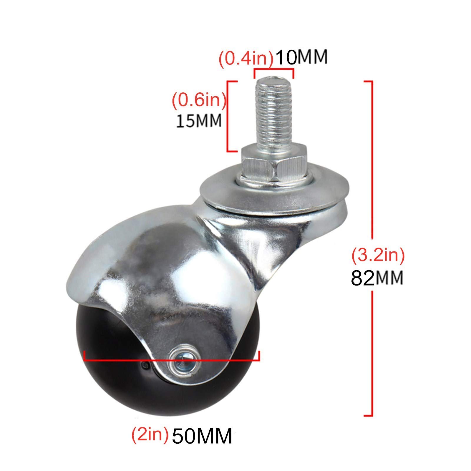 LUNEZY 2 Inch 50mm Nylon Swivel Caster Wheels with Ball Bearings - Heavy Duty Spherical Castors for Furniture, Sofa, Baby Stroller & Coffee Table - Threaded Stem M10x15mm (Set of 4 - Brake & Universal Wheels) | Perfect for Home Office, Workshop & Industrial Use