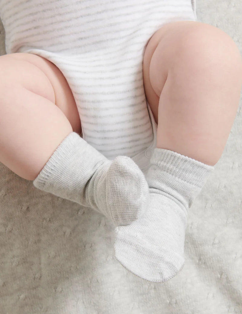 Purebaby Essentials 3-Pack Baby Socks - Soft Cotton Grey & White for Newborns & Infants - Perfect for Daily Wear, Playtime & Gift Giving