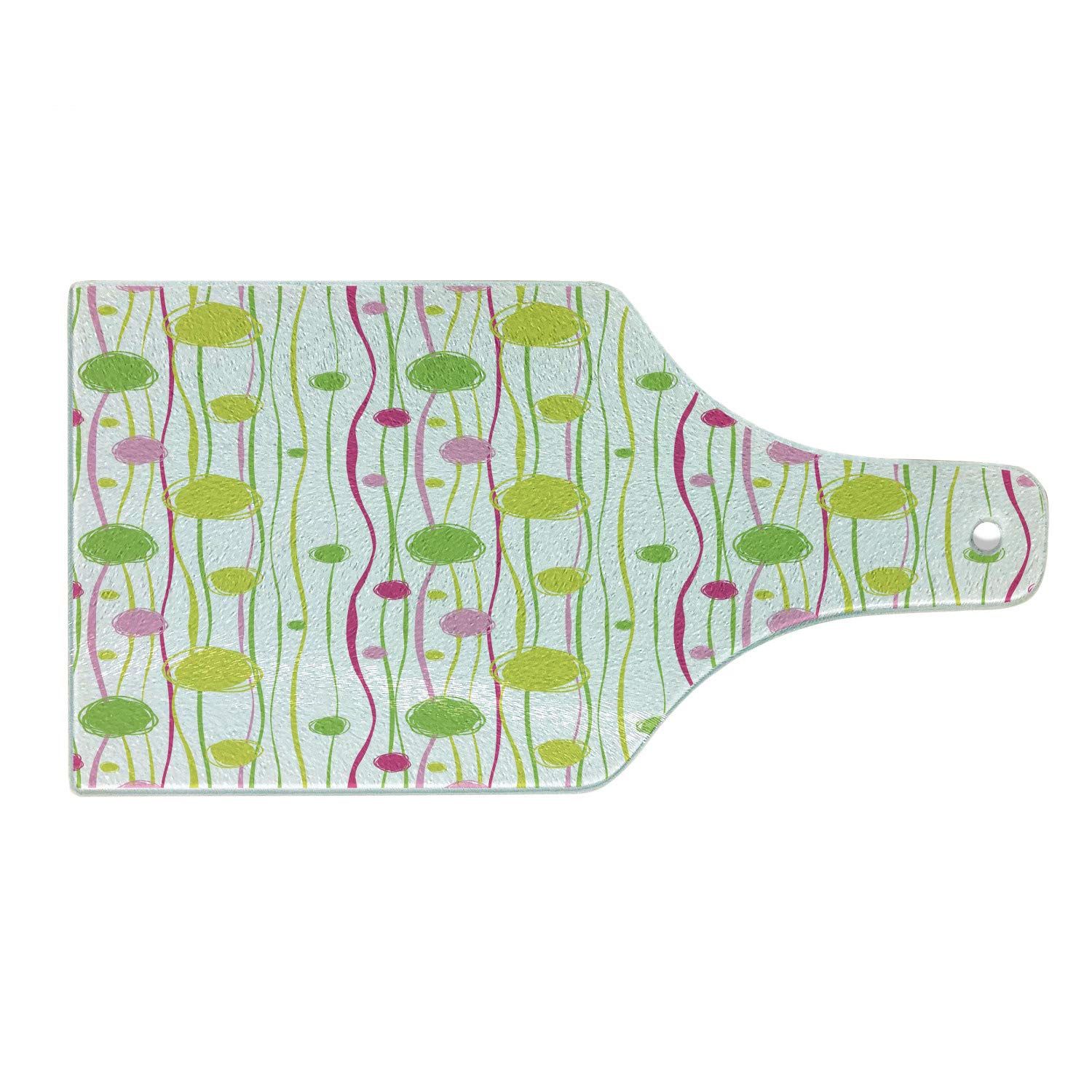Ambesonne Green and Pink Doodle Style Cutting Board - Tempered Glass Decorative Serving Board with Wavy Stripes and Spots - Wine Bottle Shape for Kitchen, Dining, and Party Use - Green, Pink, White