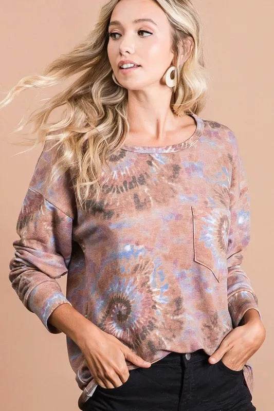 BiBi Tie Dye Print Terry Cotton Top with Front Patch Pocket - Women's Casual Loungewear for Summer & Beach