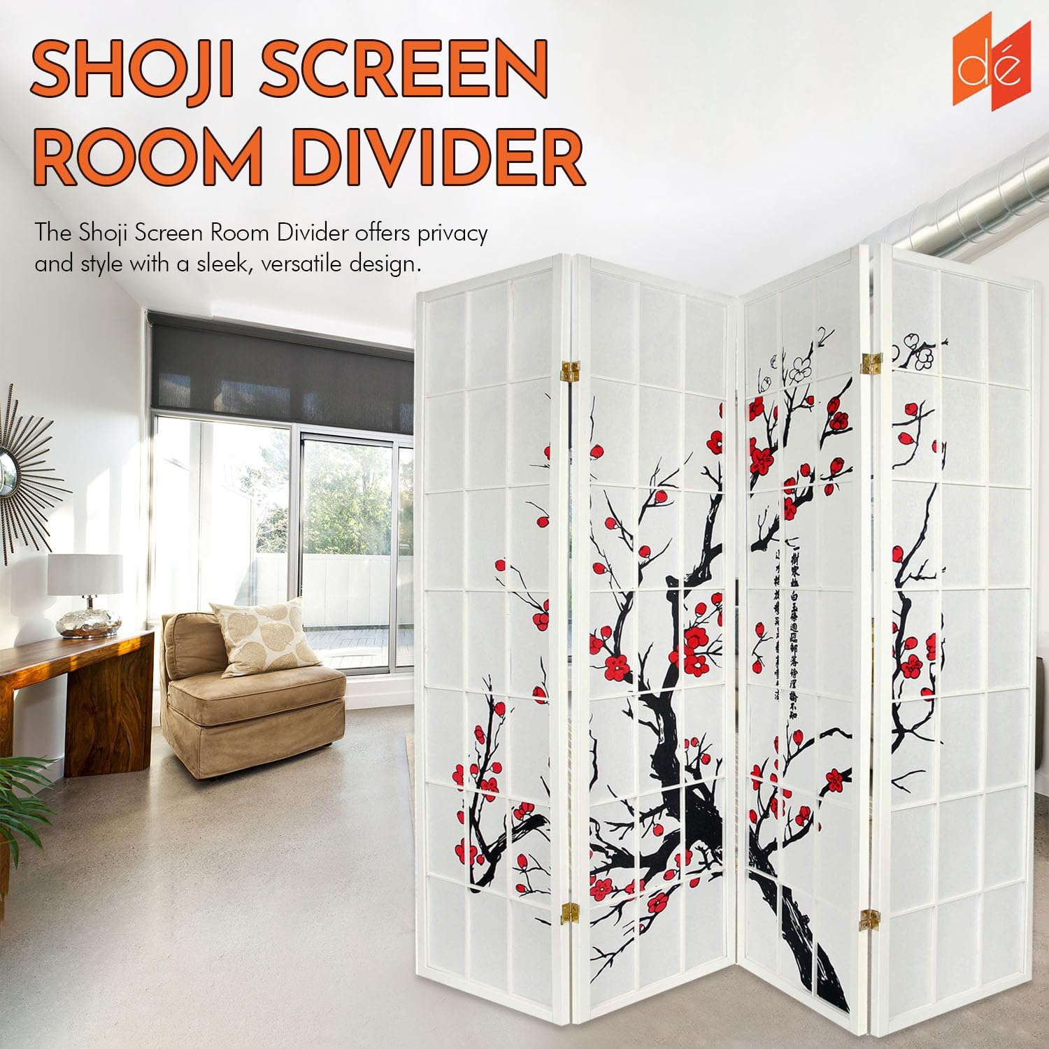 Legacy Decor 4-Panel Blossom Screen - Portable Foldable Shoji Style Room Divider with Plum Blossom Design - Freestanding Privacy Screen for Home Office & Studio - White Temporary Wall Partition - Perfect for Creating Private Spaces, Room Separation & Decoration