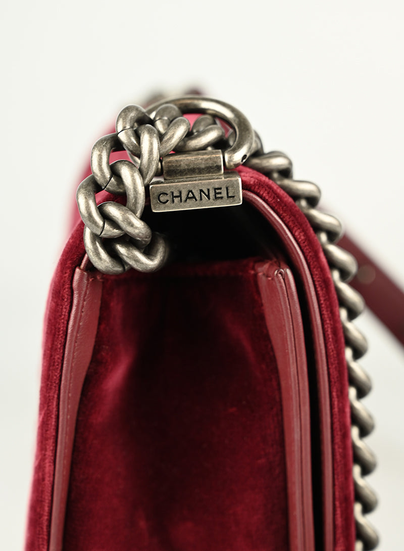 Chanel Burgundy Velvet Boy Bag - Luxury Quilted Shoulder Bag for Women | Perfect for Evening Parties, Weddings & Special Occasions
