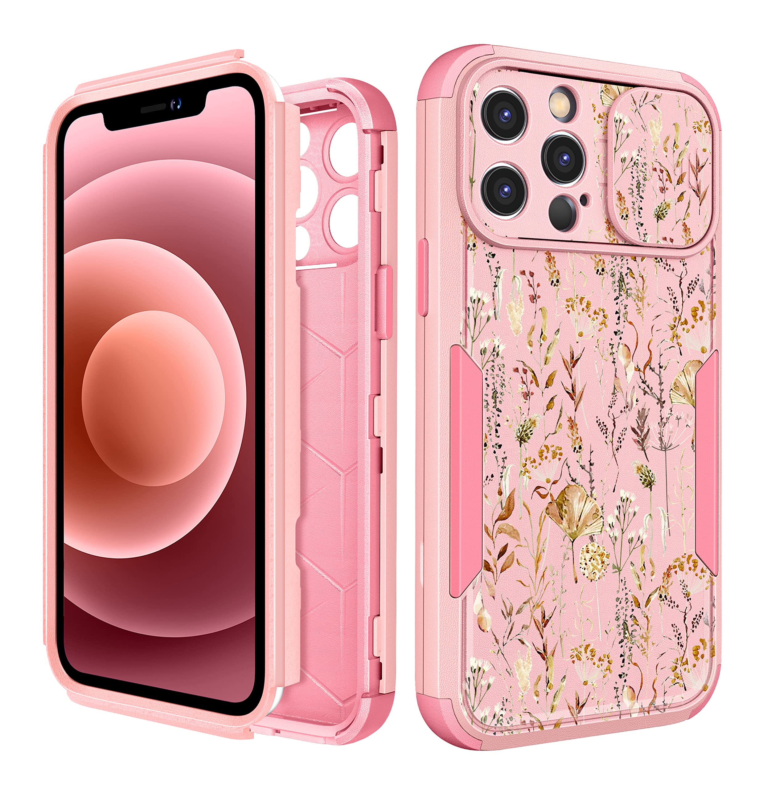 **Plakill iPhone 13 Pro Max Case with Slide Camera Cover – Heavy Duty Shockproof Protective Phone Case for Women & Men – 3-in-1 Cute Boho Floral Design – Perfect for Travel, Work & Daily Use**