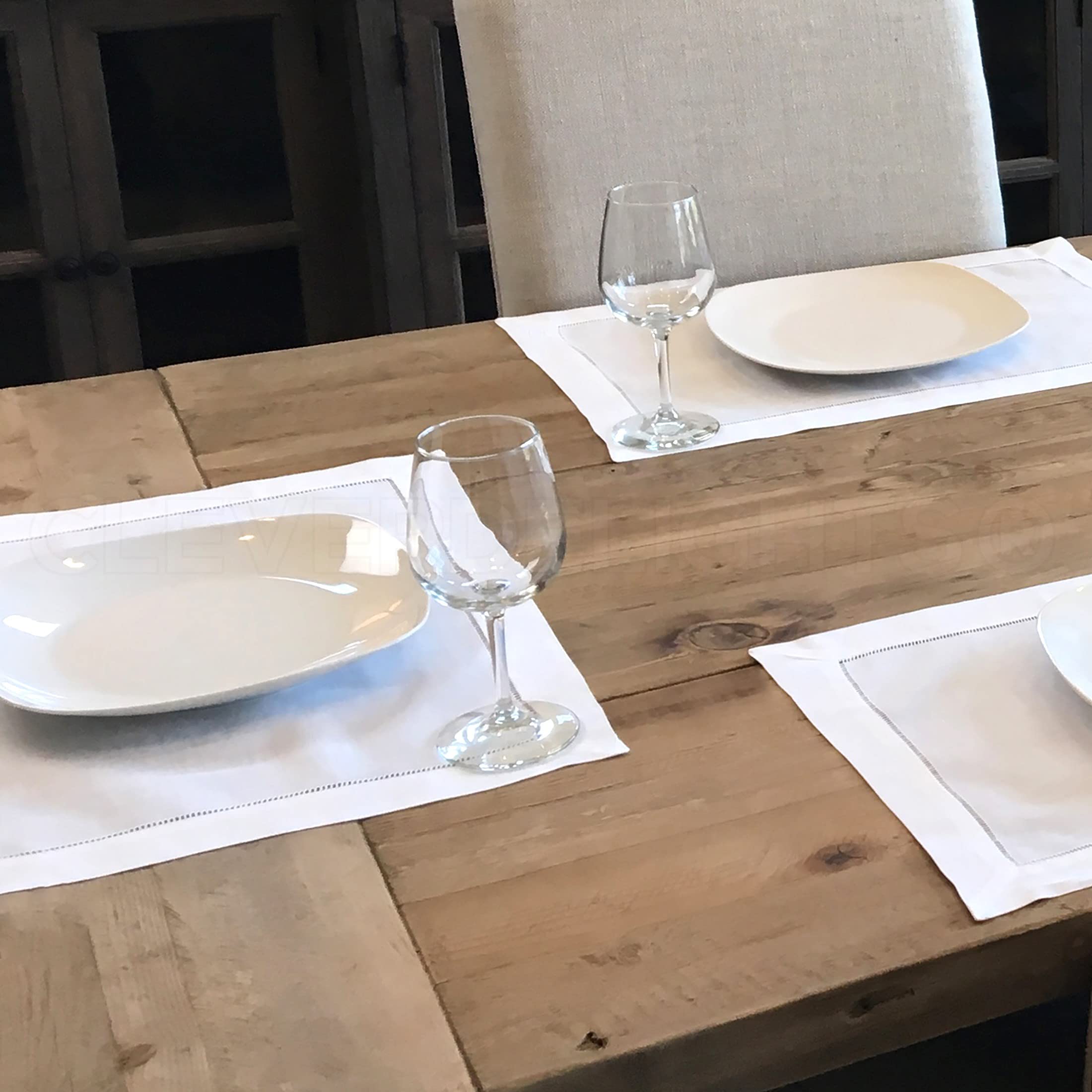 Premium White Linen Hemstitched Placemats Set of 6 - 14