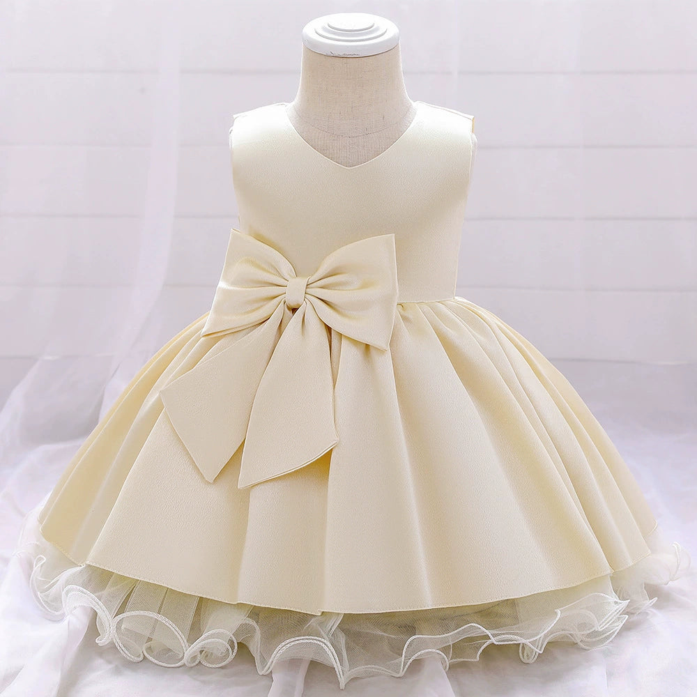 Champagne Princess Round Tea Length Satin Flower Girl Dress for Weddings, Bridal Showers & Special Occasions