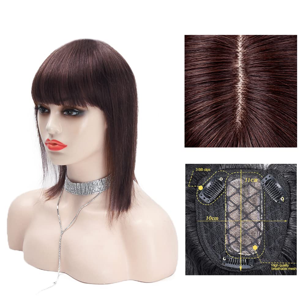 Eree 10x11cm Human Hair Topper with Fringe - Silk Base Crown Hairpiece for Women | Clip-in Hair Extensions & Wiglet for Thinning Hair | 12