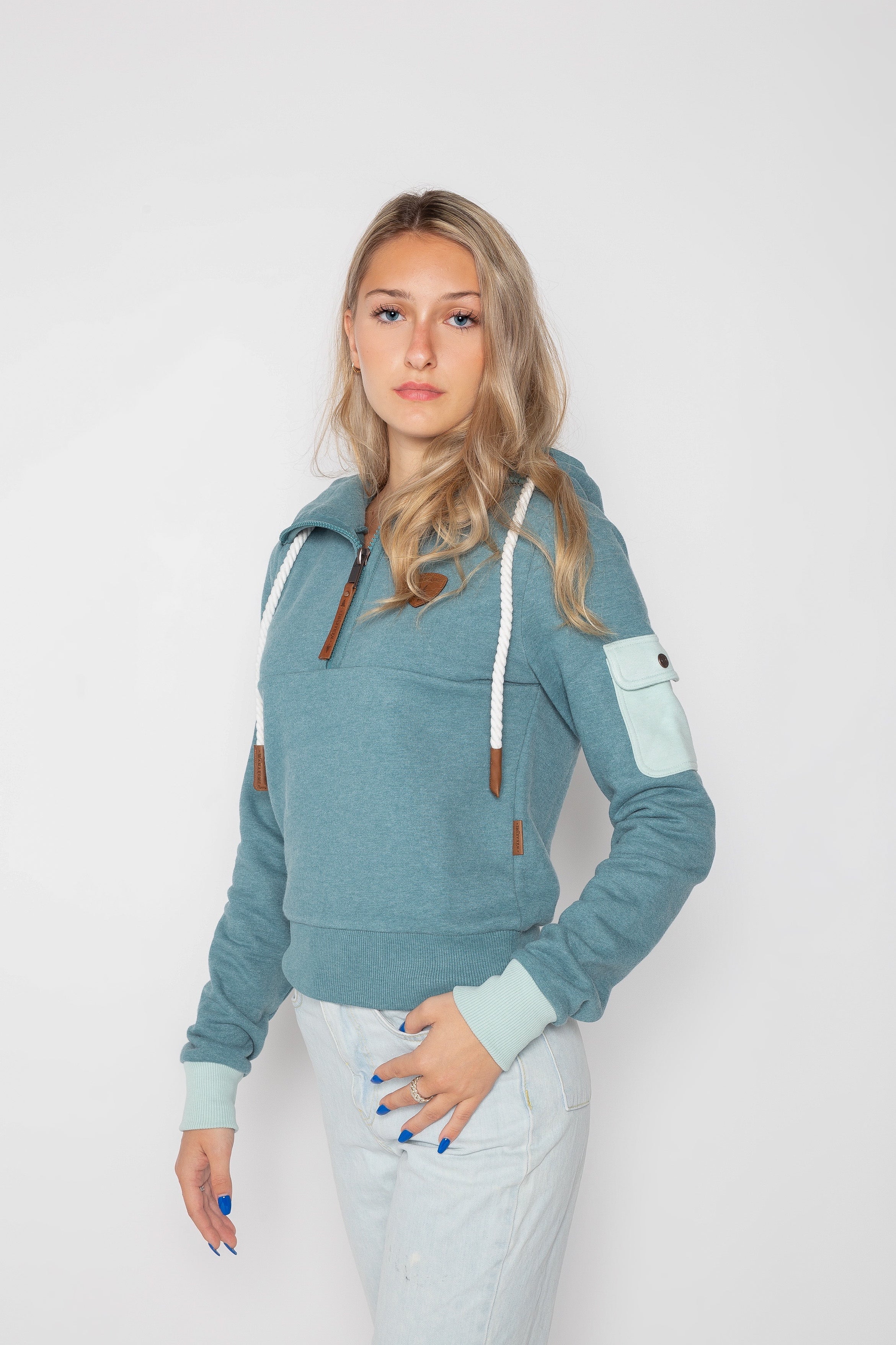 Neva Stormy Teal Half Zip Hoodie for Women - Lightweight Fleece Pullover with Kangaroo Pocket | Perfect for Casual Outfits, Outdoor Activities & Layering in Cool Weather