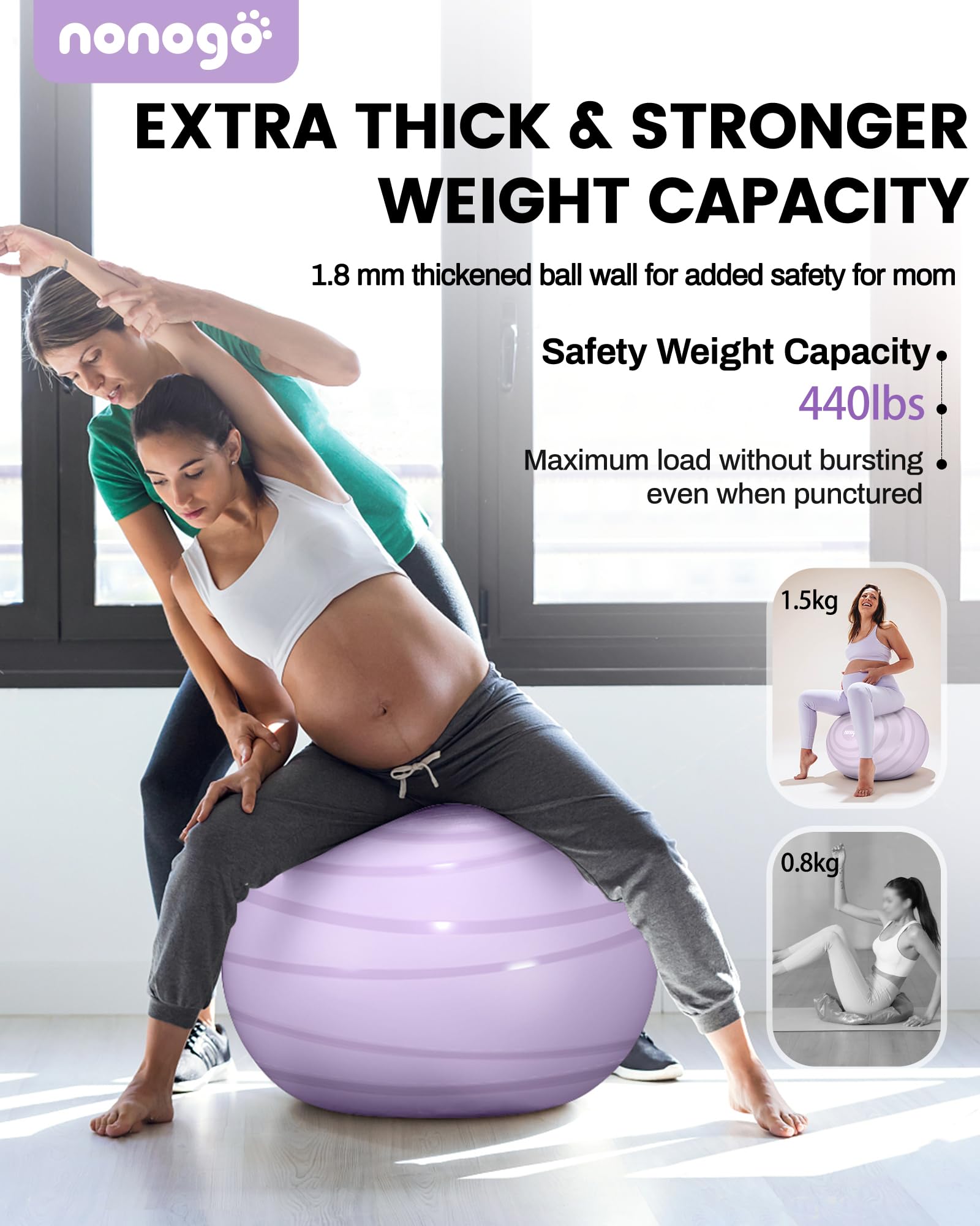 Nonogo Birthing Ball for Pregnancy with Resistance Bands - Exercise Ball for Yoga, Physical Therapy & Maternity Workouts - Stability Ball with Pump for Home Gym, Office & Pregnancy Fitness