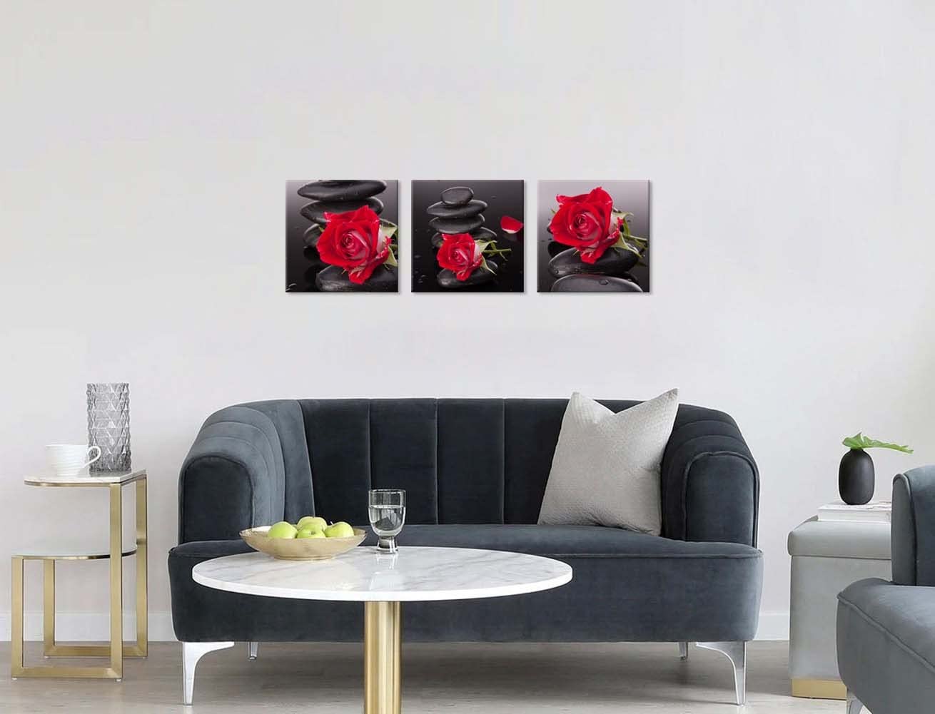 Red Canvas Wall Art - Zen Stones & Rose Pictures for Bedroom, Living Room, Kitchen & Bathroom Decor | Black & White Spa Style Home Decorations | Flower Paintings & Wall Artwork for Relaxing Spaces