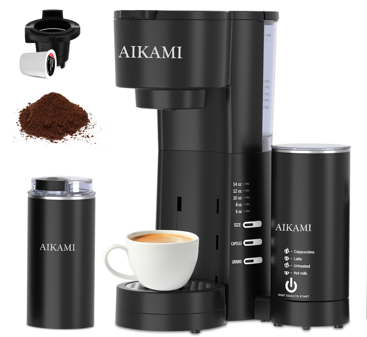 4 in 1 Single Serve Coffee Maker with Built-in Milk Frother & Grinder - Compatible with K-Cups & Ground Coffee - 30oz Removable Water Tank - 6-14oz Brew Sizes - Perfect for Home, Office & Small Kitchens - Compact Espresso Machine for Latte, Cappuccino & Americano Lovers