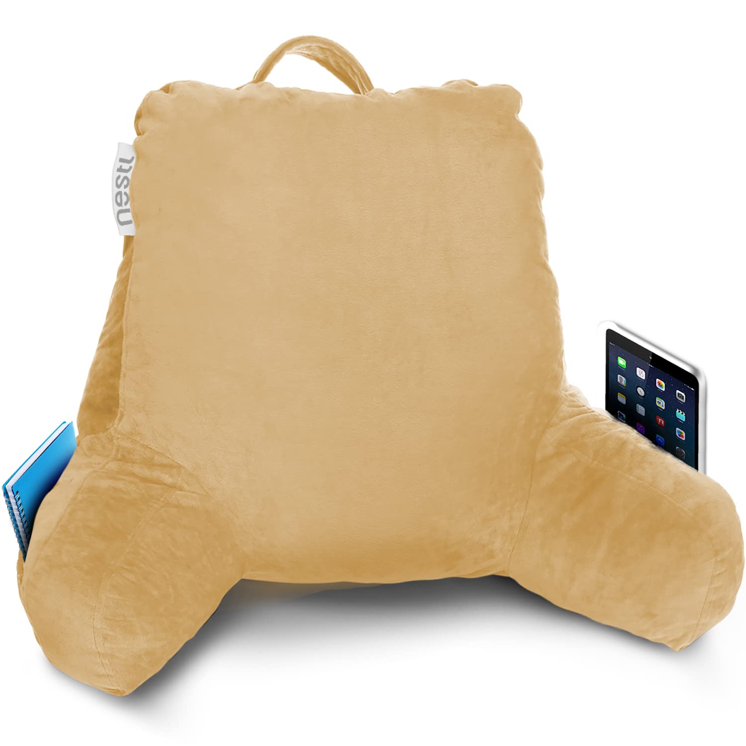 Nestl Reading Pillow Standard Bed Pillow - Shredded Memory Foam Back Support for Sitting in Bed, Reading & Relaxing - Camel Gold Bed Rest Pillow with Pockets - Perfect for Reading, Watching TV, or Lounging in Bed