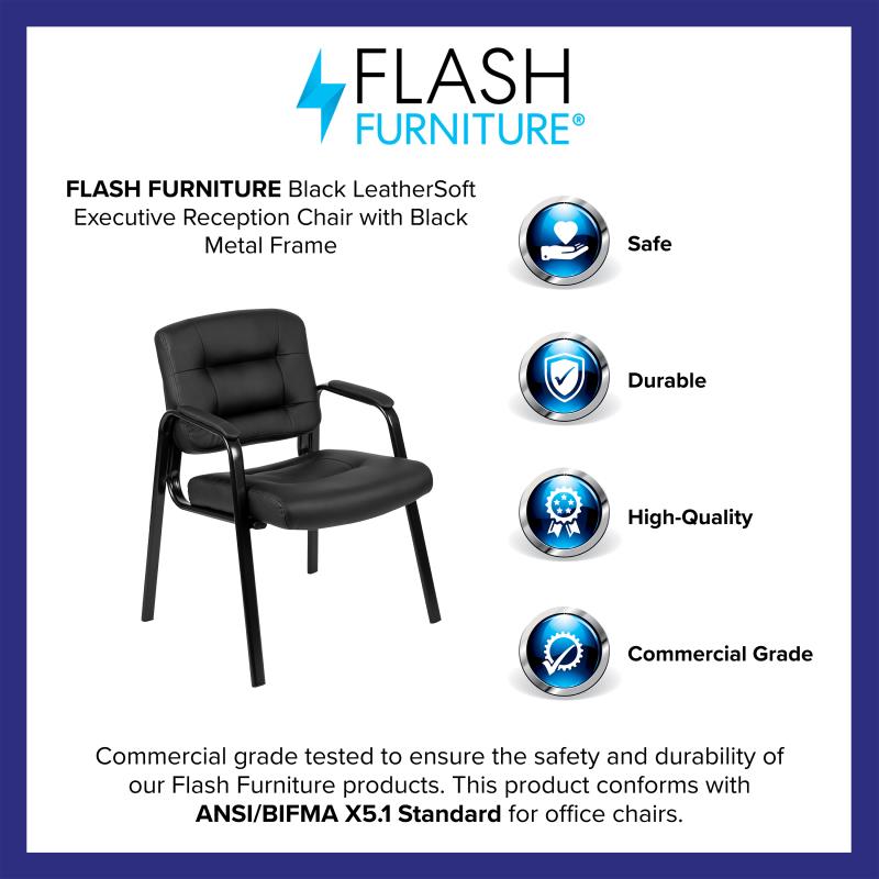 BIFMA Certified Black Leather Executive Reception Chair with Metal Frame - Premium Office Furniture for Reception Areas, Waiting Rooms & Conference Rooms