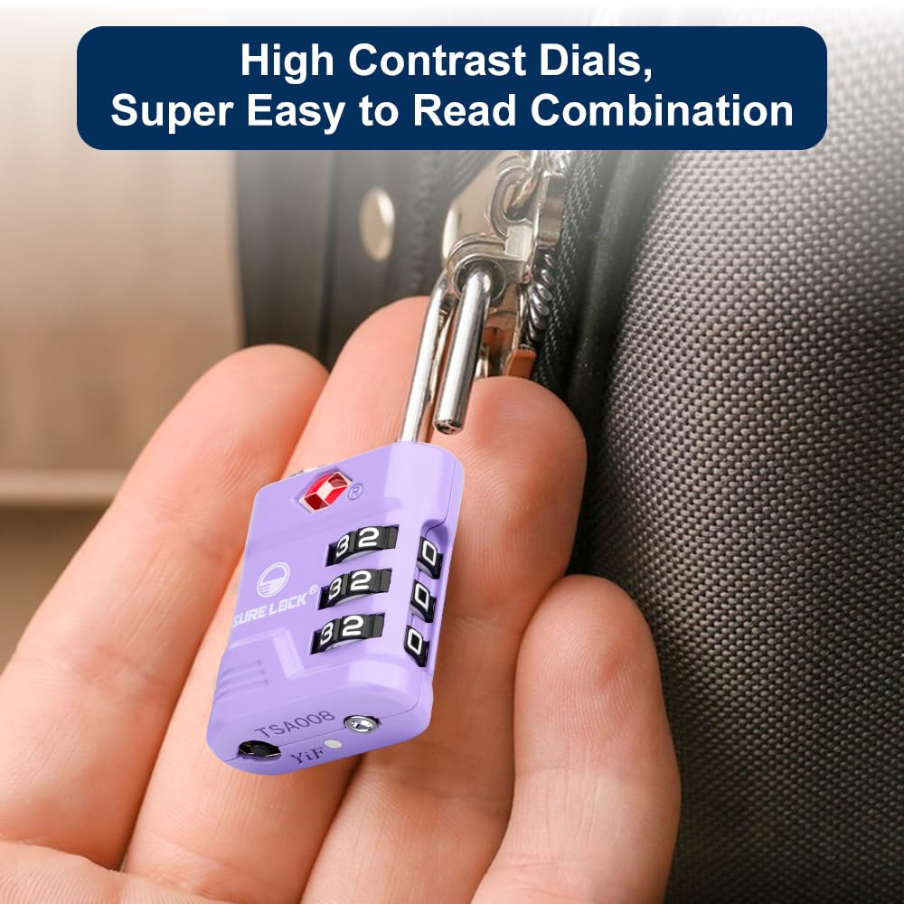 SURE LOCK TSA Approved Luggage Locks (2-Pack, Purple) - High Security Travel Locks with Open Alert, TSA008 Key & Easy Read Dials | Zinc Alloy Suitcase Locks for Airports, Gym & Travel Security
