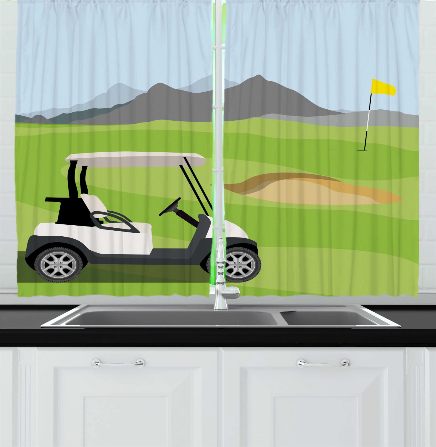 Ambesonne Golf Course Scene Long Kitchen Curtains - Cartoon Landscape with Car, Field, Mountains & Flag Print - 2 Panel Drapes with Rod Pocket - 55x45 Inch - Lime Green & Multicolor - Perfect for Kitchen, Dining Room & Golf-Themed Decor