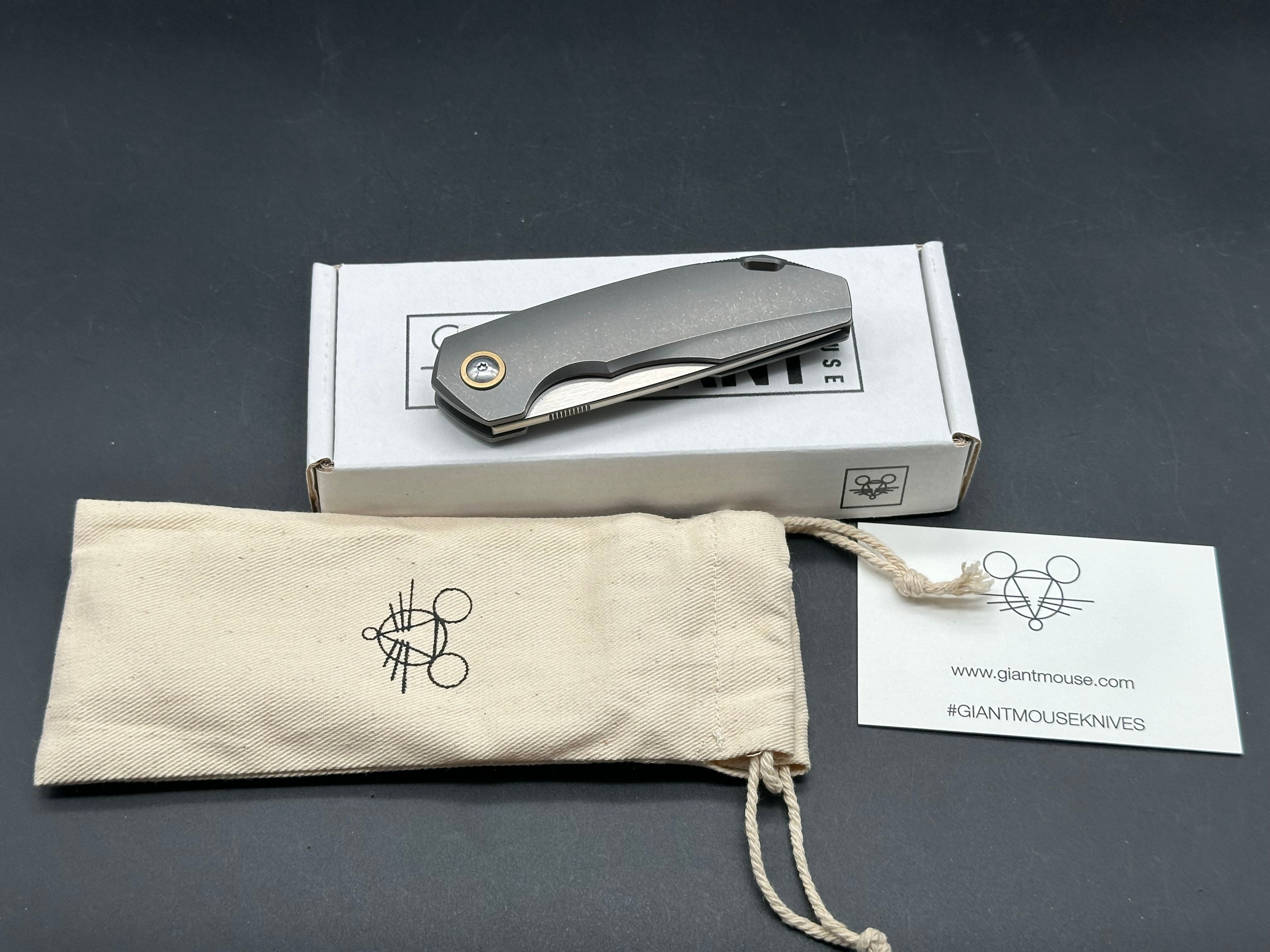 GiantMouse GM6 #047 Folding Knife - M390 Satin Blade, Stonewashed Titanium Handles & Pocket Clip - EDC, Outdoor, Camping, Survival Gear