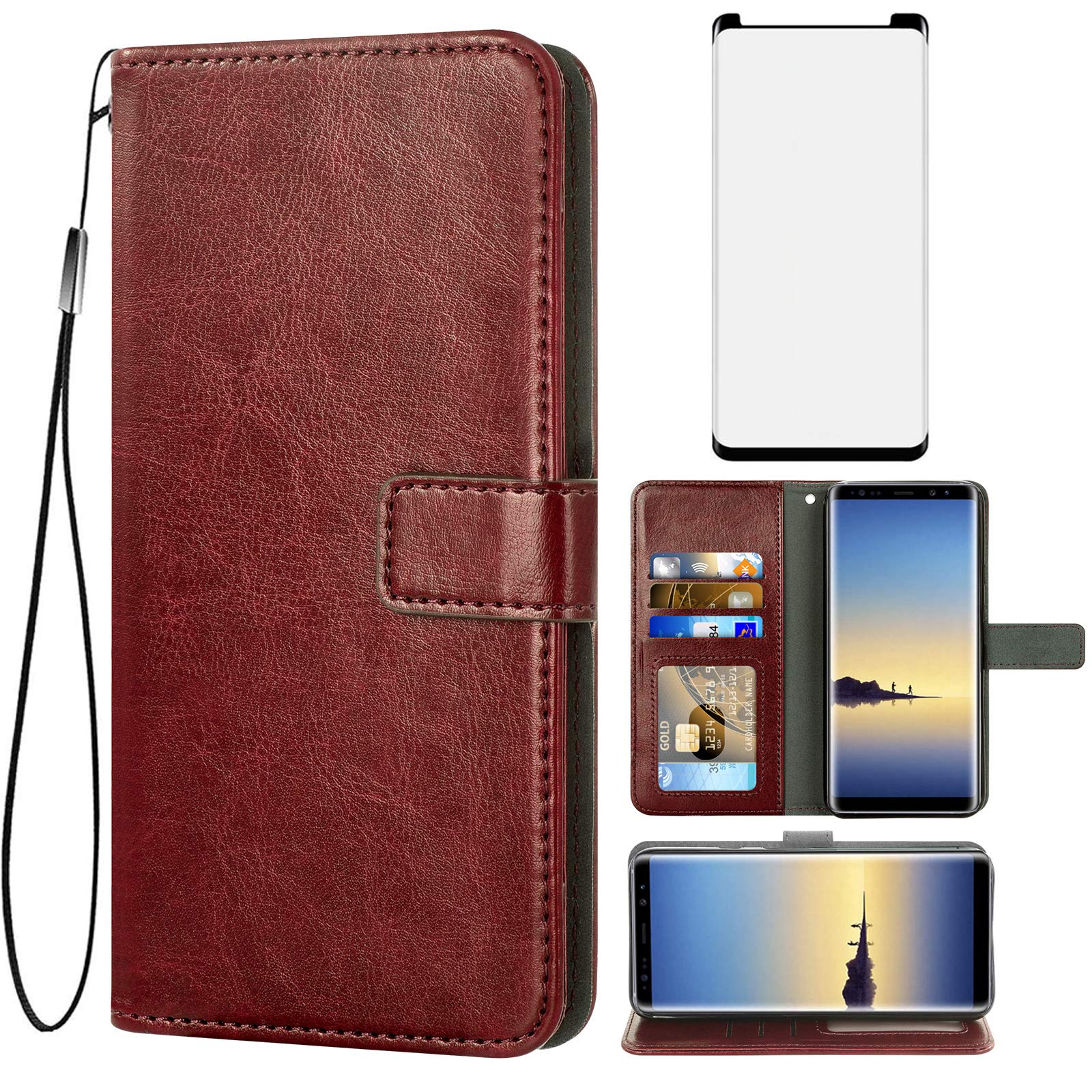 Samsung Galaxy Note 8 Wallet Case with Card Holder & Stand - Brown for Daily Use