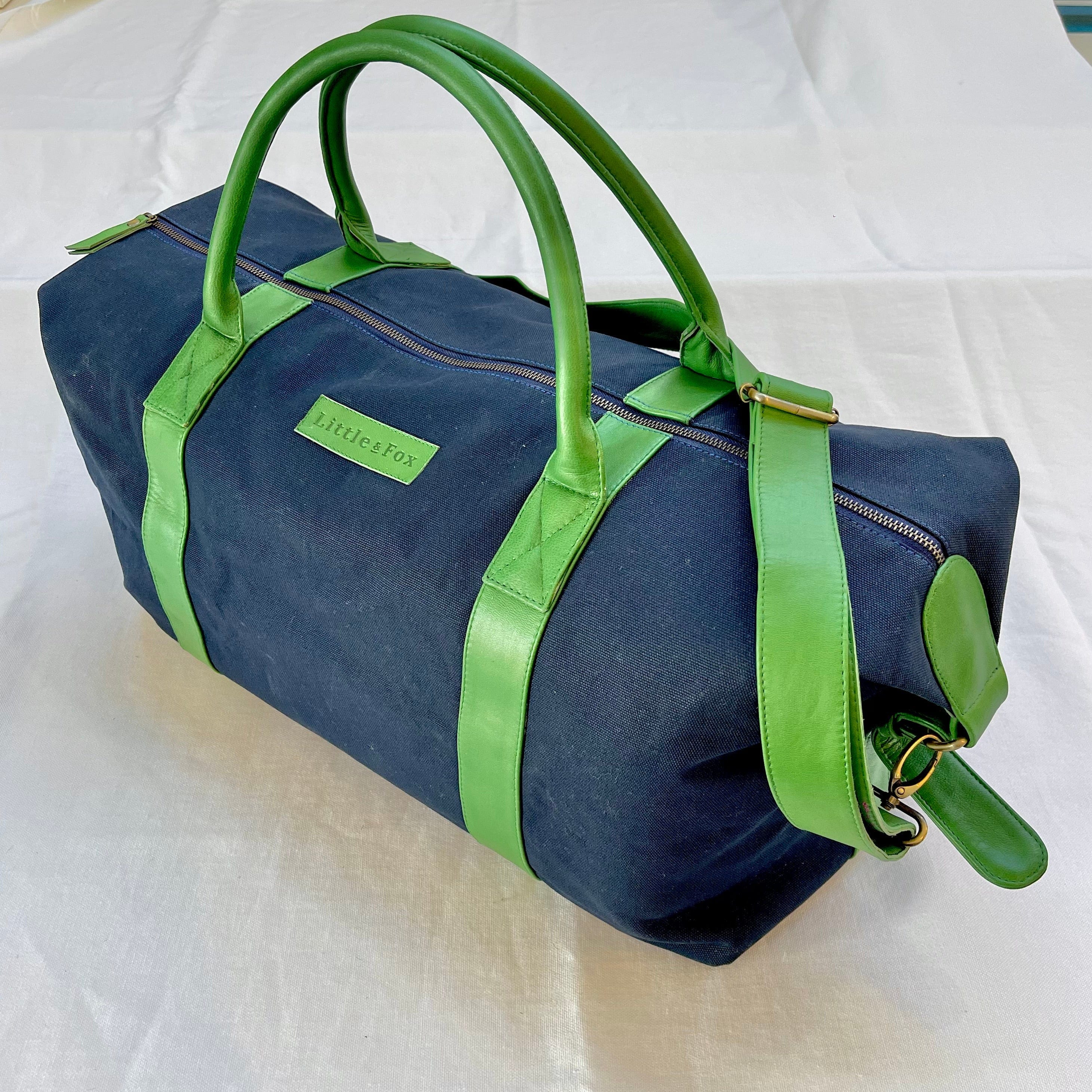 The Little & Fox Weekender Bag - Stylish Indigo Blue with Premium Emerald Leather - Perfect for Travel, Weekend Getaways & Daily Commute