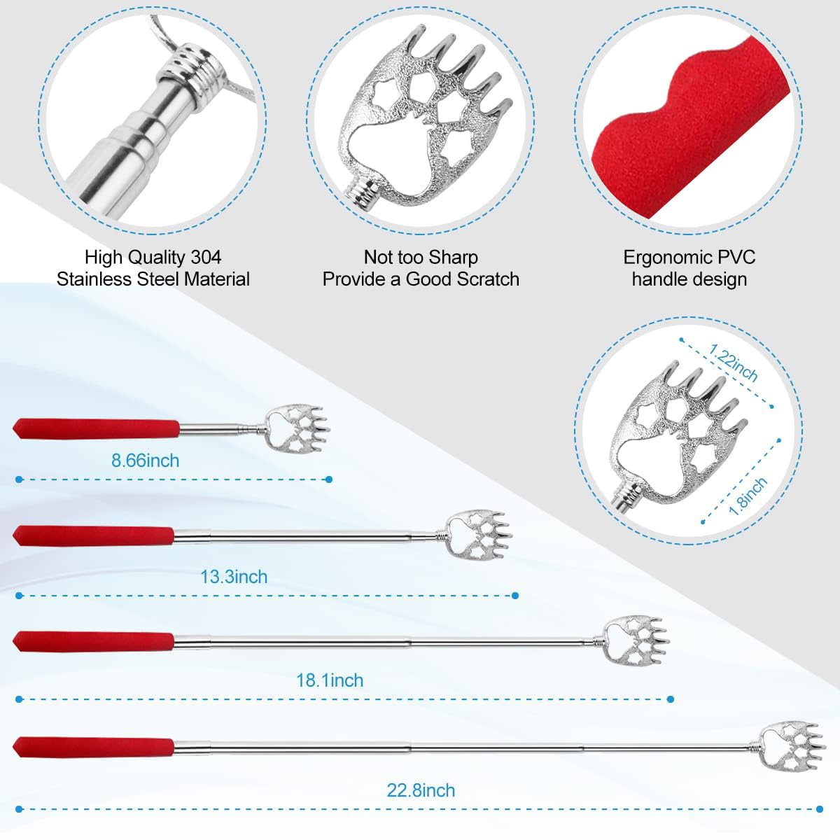 4 Pack Extendable Back Scratcher & Massager Tool - Telescoping Metal Back Scratcher with Beautiful Gift Box, Perfect for Men & Women - Ideal for Travel, Office, Home Use & Stocking Stuffers (Red)