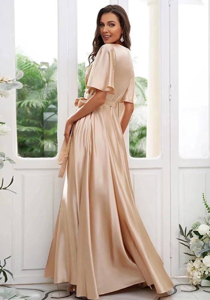 Dexinyuan Women's Elegant V-Neck Satin Bridesmaid Dress with Thigh High Slit & Sleeve Pockets - Long Formal Evening Gown for Weddings, Prom, Cocktail Parties & Special Occasions