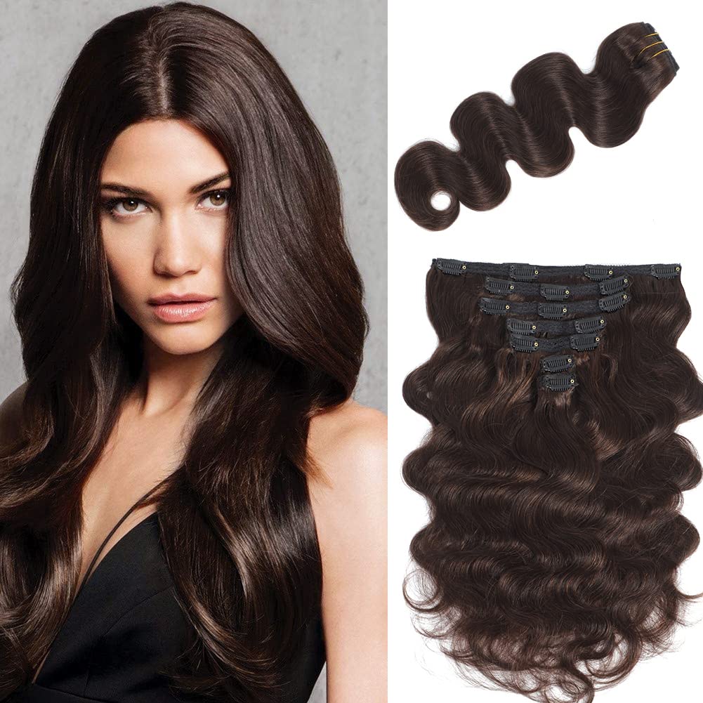 16 Inch Clip In Hair Extensions - 100% Real Human Hair for Black & White Women - Dark Brown Wavy Seamless Hair Wefts for Natural Look | Perfect for Daily Wear, Parties & Special Occasions