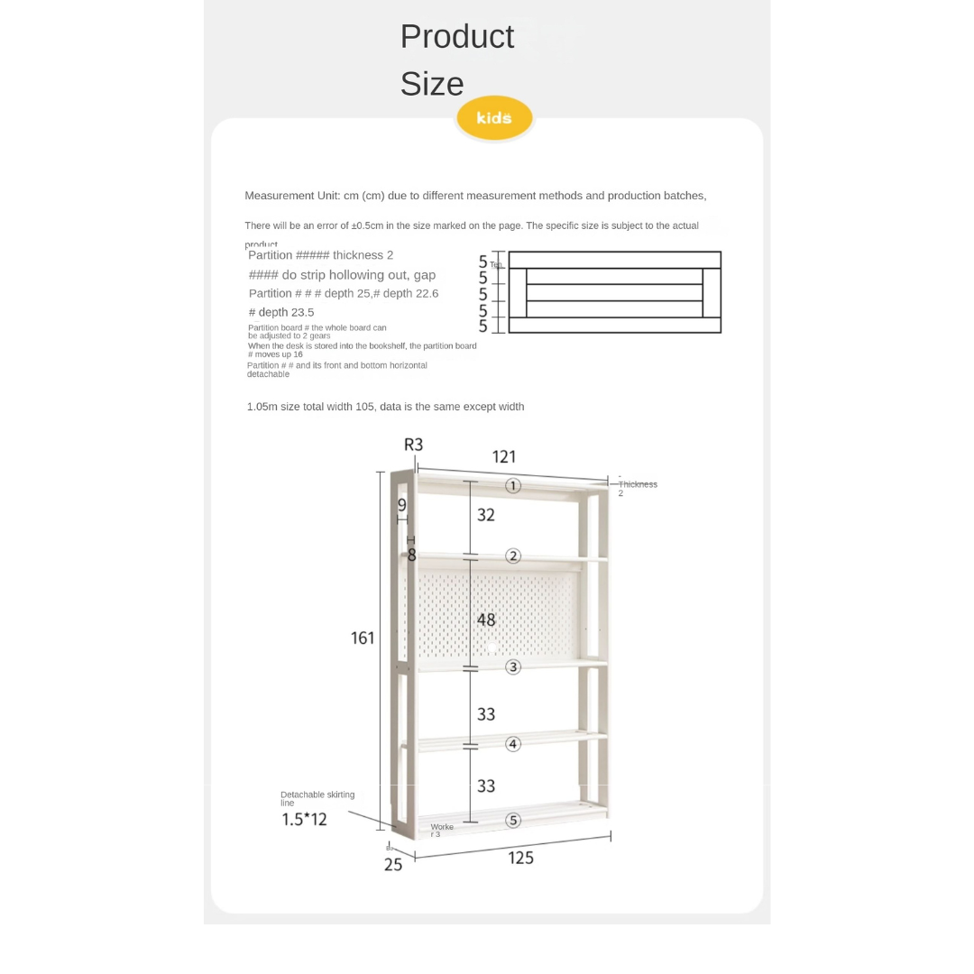 Birch Solid Wood Bookshelf - Modern Cream Floor Standing Bookcase with Adjustable Study Desk for Kids | Perfect for Children's Bedroom, Nursery, and Home Office Organization