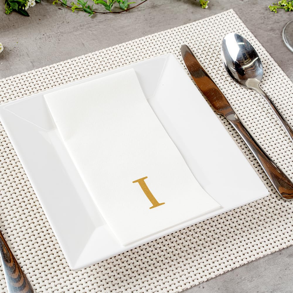 Premium 15.8 x 7.9 Inch Linen-Feel Guest Hand Towels - 2000 Count Gold Letter 'I' in Sans Serif Font, White Airlaid Paper Dinner Napkins for Restaurants, Weddings & Upscale Events - Perfect for Restrooms, Dining Tables & Hospitality Settings
