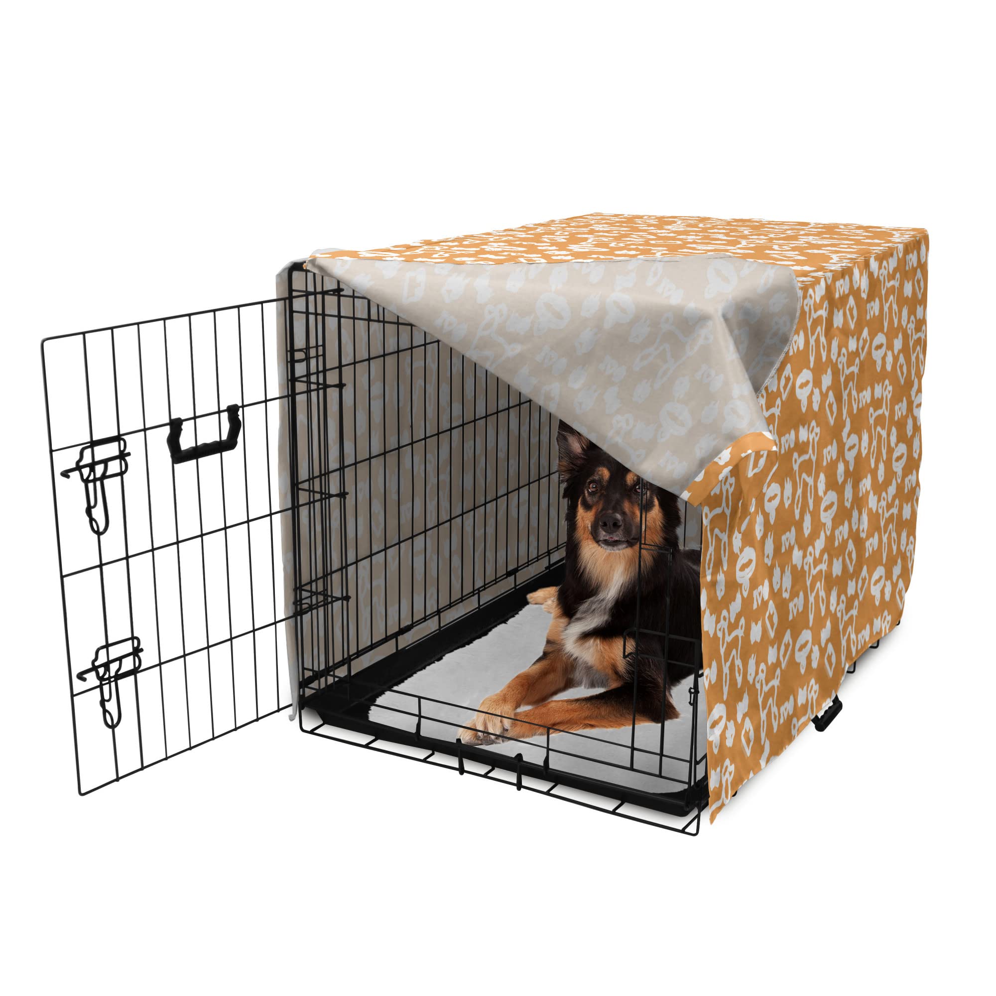 Lunarable Poodle Dog Crate Cover - Artistic Outline Design with Paw Prints, Comb Collar & Hearts - Breathable Pet Kennel Cover for Medium & Large Dogs (36 Inch, Apricot White) - Perfect for Home, Travel & Vet Visits