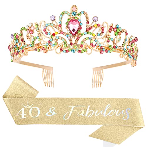 Gold 40 & Fabulous Birthday Sash and Tiara Set - 40th Birthday Decorations for Women - Elegant 40th Birthday Gifts - Perfect for Milestone Parties, Bachelorette Celebrations & Special Occasions