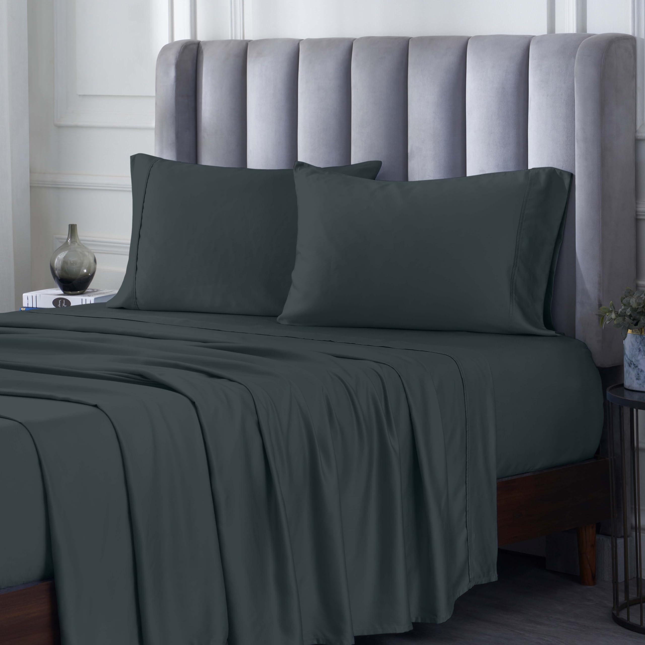 Premium 300-Thread Count Bamboo Rayon Bed Sheet Set - Queen Size Charcoal - 1 Deep Pocket Fitted Sheet, 1 Flat Sheet & 2 Pillowcases - Ultra Soft Sateen Weave Luxury Bedding for Hotel-Like Comfort - Perfect for Master Bedrooms, Guest Rooms & Airbnb Rentals