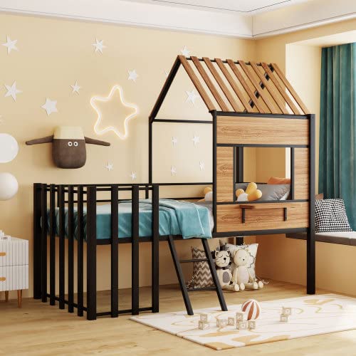 Twin Size Metal Loft Bed with Roof, Window & Guardrail - Playhouse Design with Ladder & Fence-Shaped Rail - Perfect for Kids' Bedroom, Dorm Room or Play Area - Black