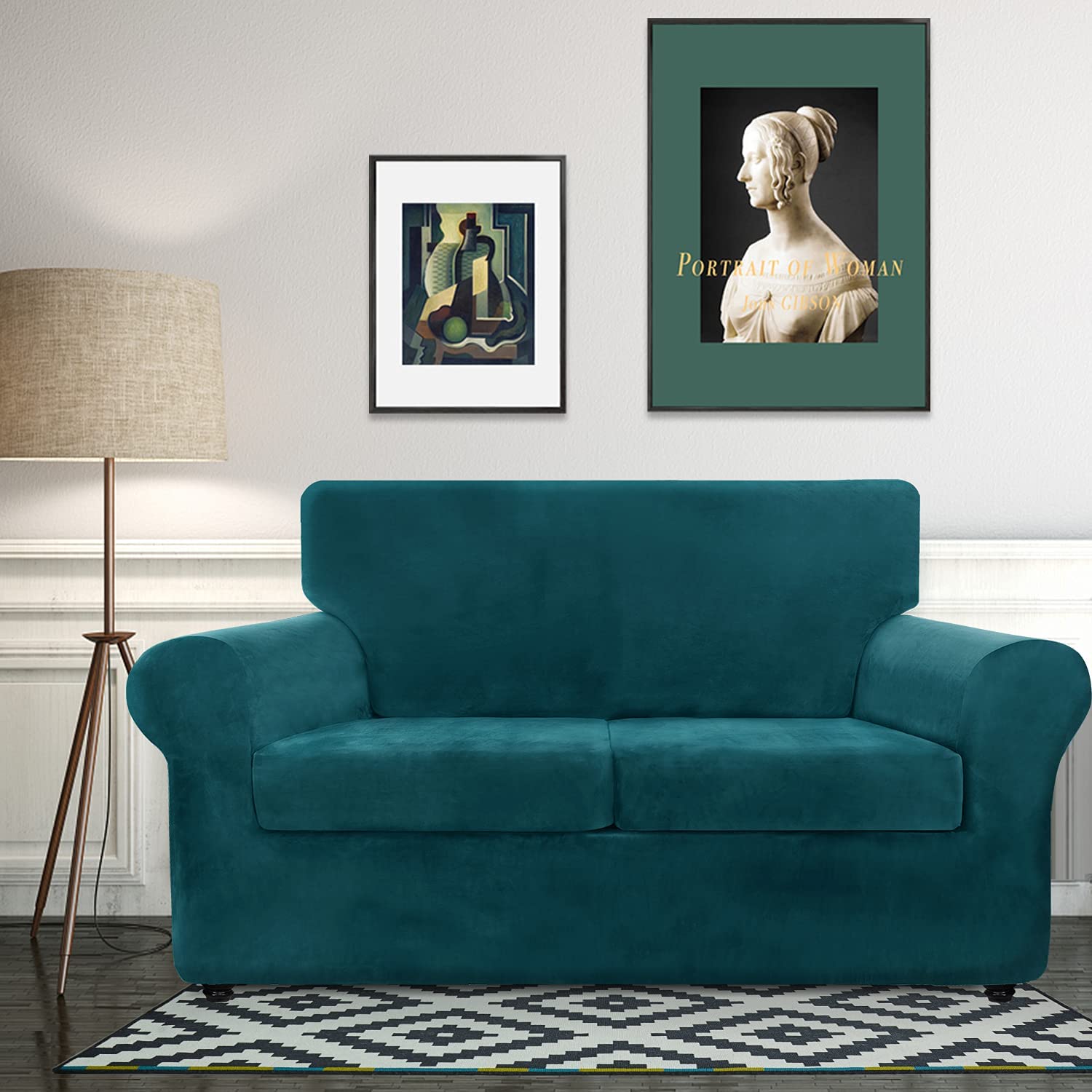 Velvet Plush 3-Piece Stretch Sofa Slipcover Set - Super Soft Anti-Slip Spandex Couch Cover for 2-Cushion Loveseat, Furniture Protector for Pets & Living Room (Loveseat, Blackish Green) - Perfect for Home Decor, Pet Owners & Cozy Family Gatherings