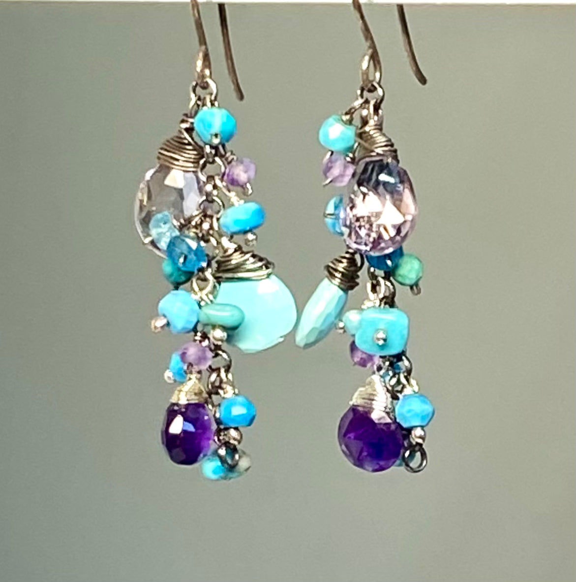 Sleeping Beauty Turquoise Dangle Earrings with Amethyst in Oxidized Sterling Silver - Handmade Bohemian Jewelry for Women, Perfect for Weddings, Parties & Boho Fashion