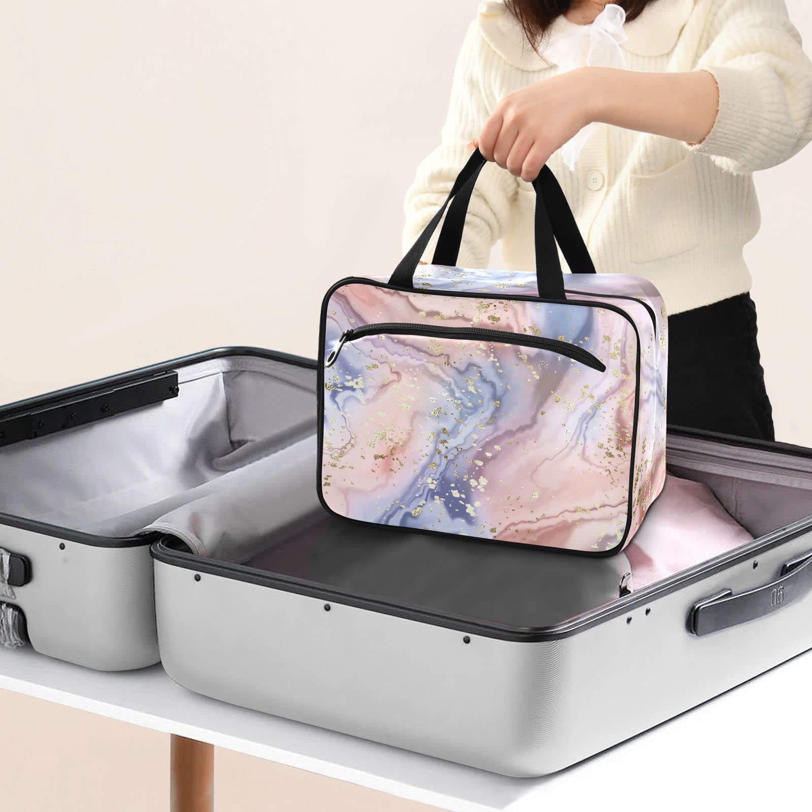 Gold Glitter Rose Marble Travel Toiletry Bag - Hanging Cosmetic Organizer for Women | Perfect for Vacation & Gym