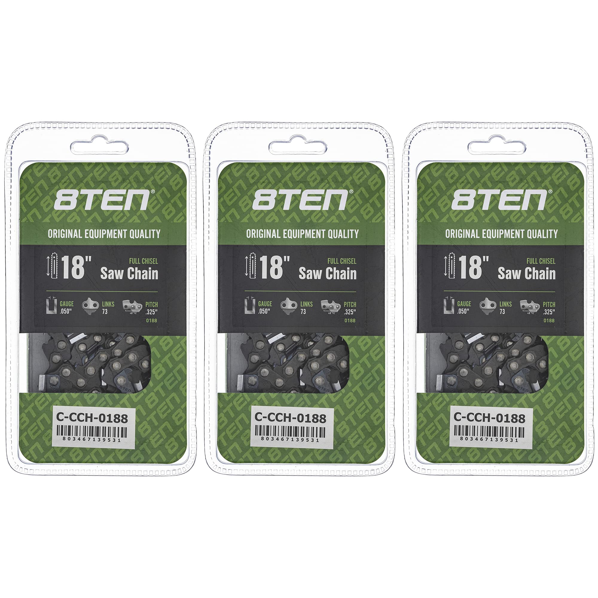 8TEN 18-Inch Full Chisel Chainsaw Chain .050 Gauge .325 Pitch 73DL - 3 Pack Replacement Chain for Homelite 245, Solo 613, 632, 641, 650 - Perfect for Tree Cutting, Firewood Processing, and Landscaping Work