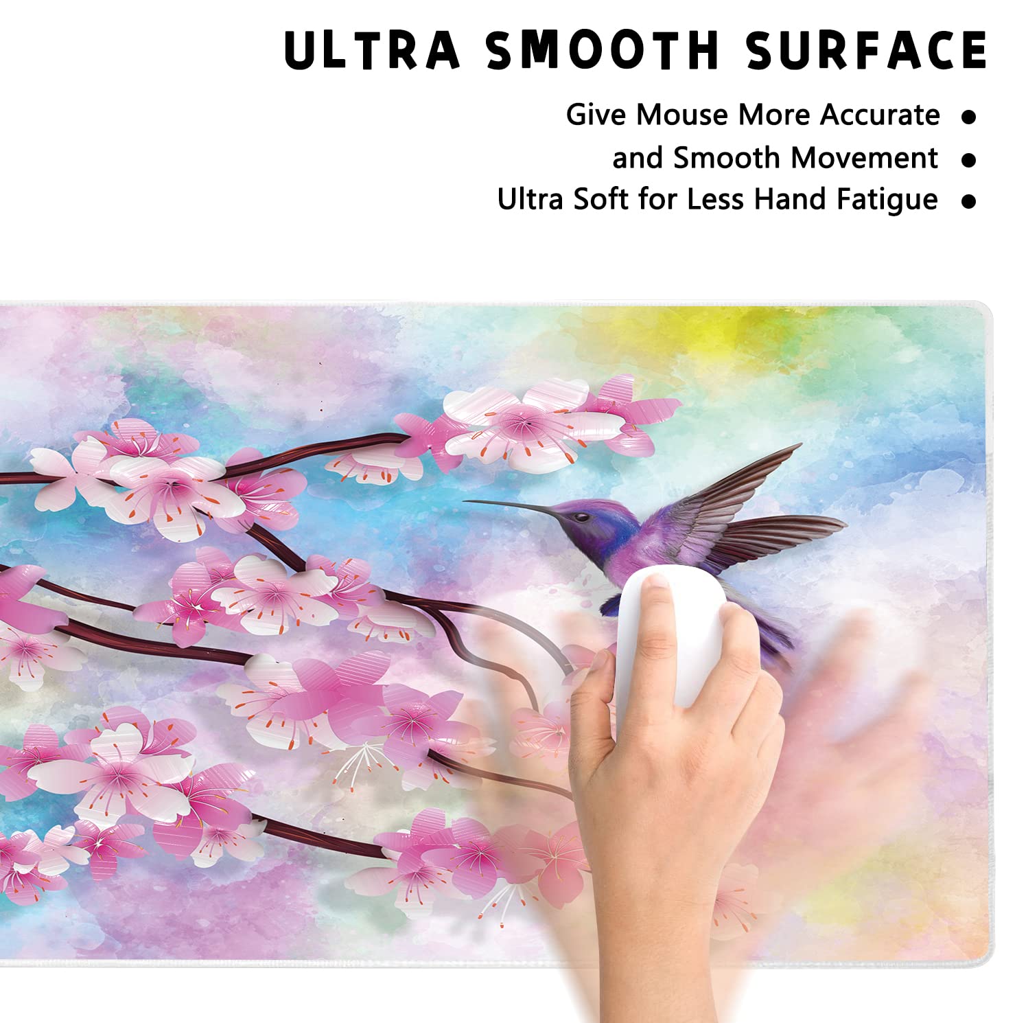 XXL Extended Gaming Mouse Pad - Spring Peach Blossoms & Hummingbirds Design, Non-Slip Rubber Base, Stitched Edges (35.4