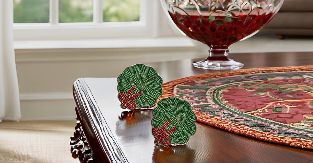 Handmade Indian Glass Beaded Coasters (4 Inch) - Set of 2 Red & Green Coasters for Dining Table, Coffee Table | Home Decor Accessories & Thanksgiving Gifts - Perfect for Holiday Parties, Dinner Settings & Home Styling
