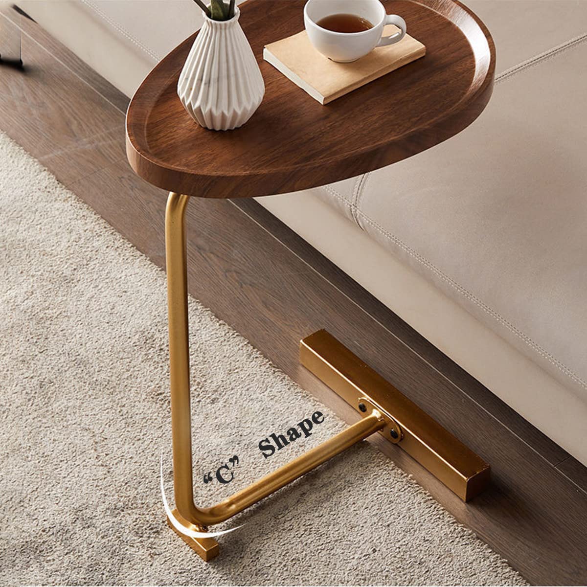 Modern C-Shaped Side Table - Round Coffee Table for Living Room, Sofa & Bedside - Gold Frame with Oval Wood Top - Slim End Table for Small Spaces (24 Inch, White) - Perfect Gift for Home Decor & TV Tray Use