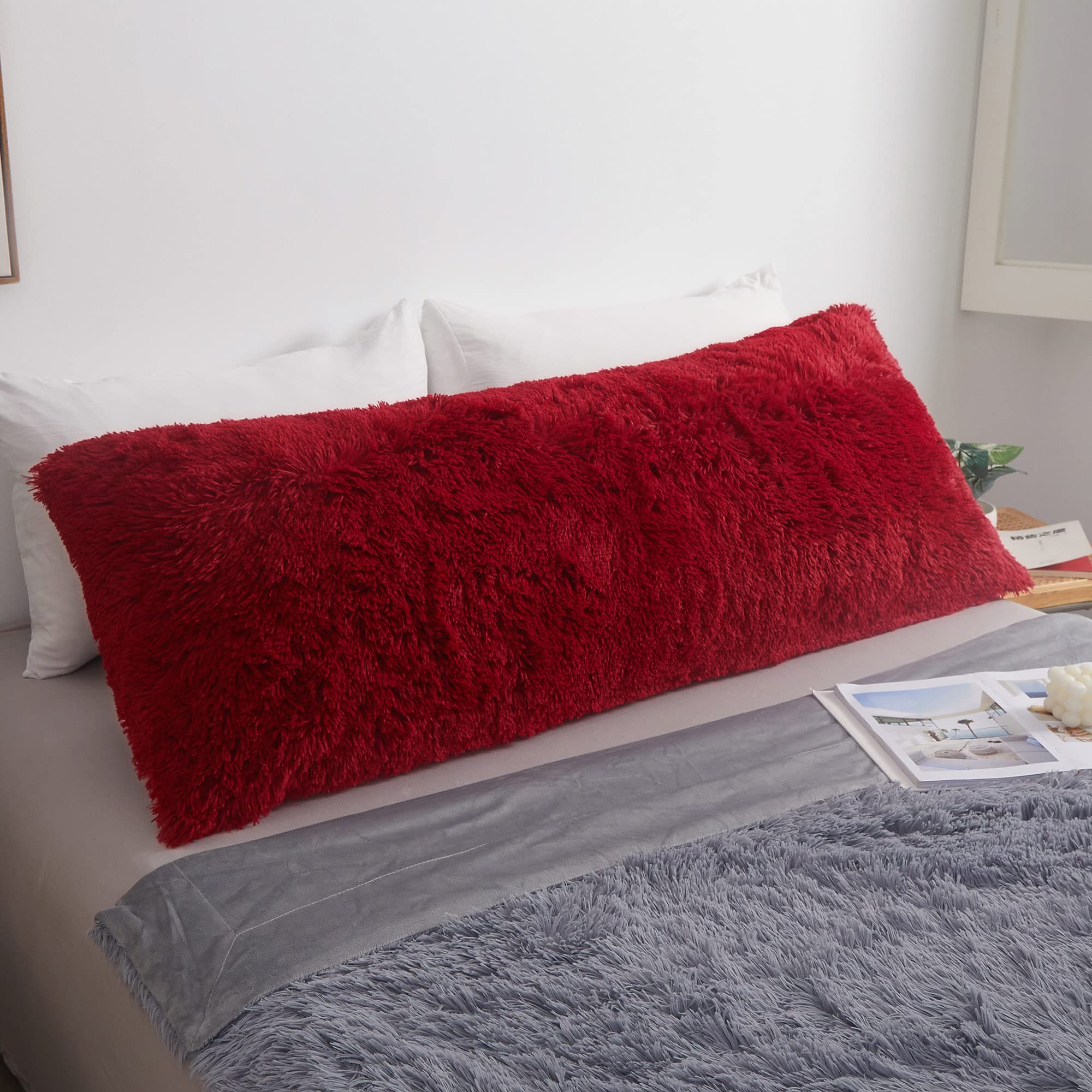 Luxury Fluffy Body Pillow Cover 20x54 Inches - Soft Shaggy Faux Fur Pillow Case with Zipper Closure, Red Plush Fuzzy Hug Pillow for Bedroom - Perfect for Lounging, Reading & Relaxing in Bed