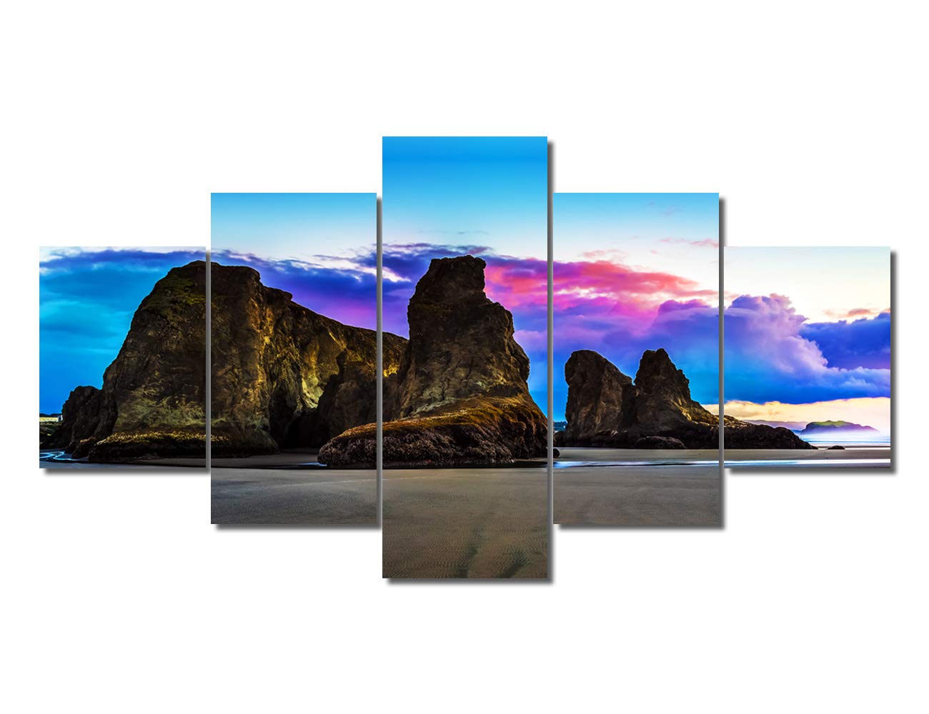 5-Panel Natural Canvas Wall Art - Weathered Rocks on Oregon Beach, Native American Style Sunset Ocean Painting - Framed Coastal Decor for Dining Room, Living Room & Bedroom