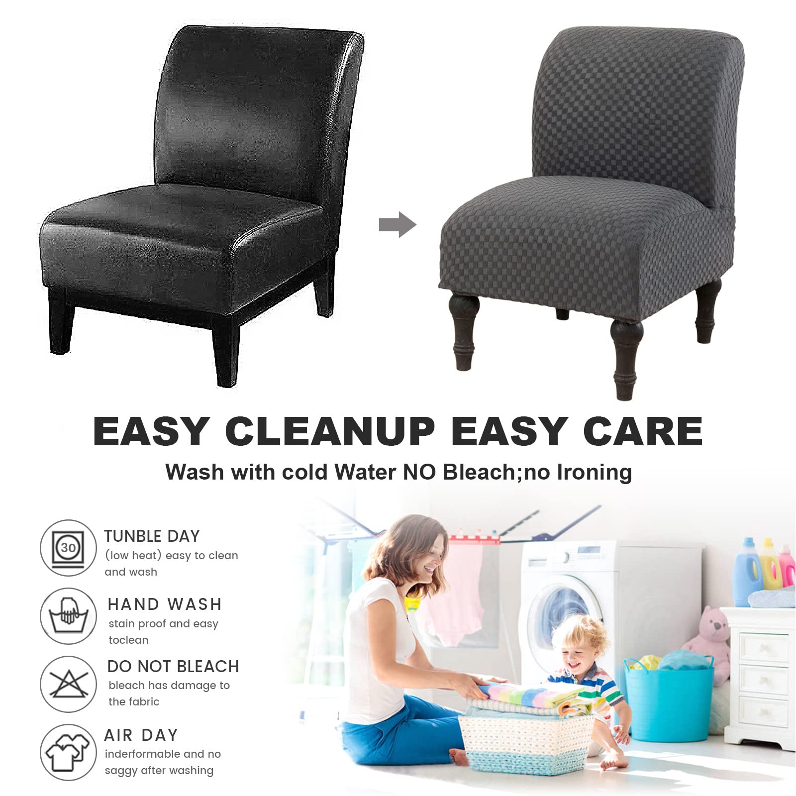 Stretch Jacquard Armless Accent Chair Slipcover - Washable Furniture Protector for Slipper Chairs Without Arms (Dark Grey, 1 Pack) | Perfect for Living Room, Bedroom & Home Decor